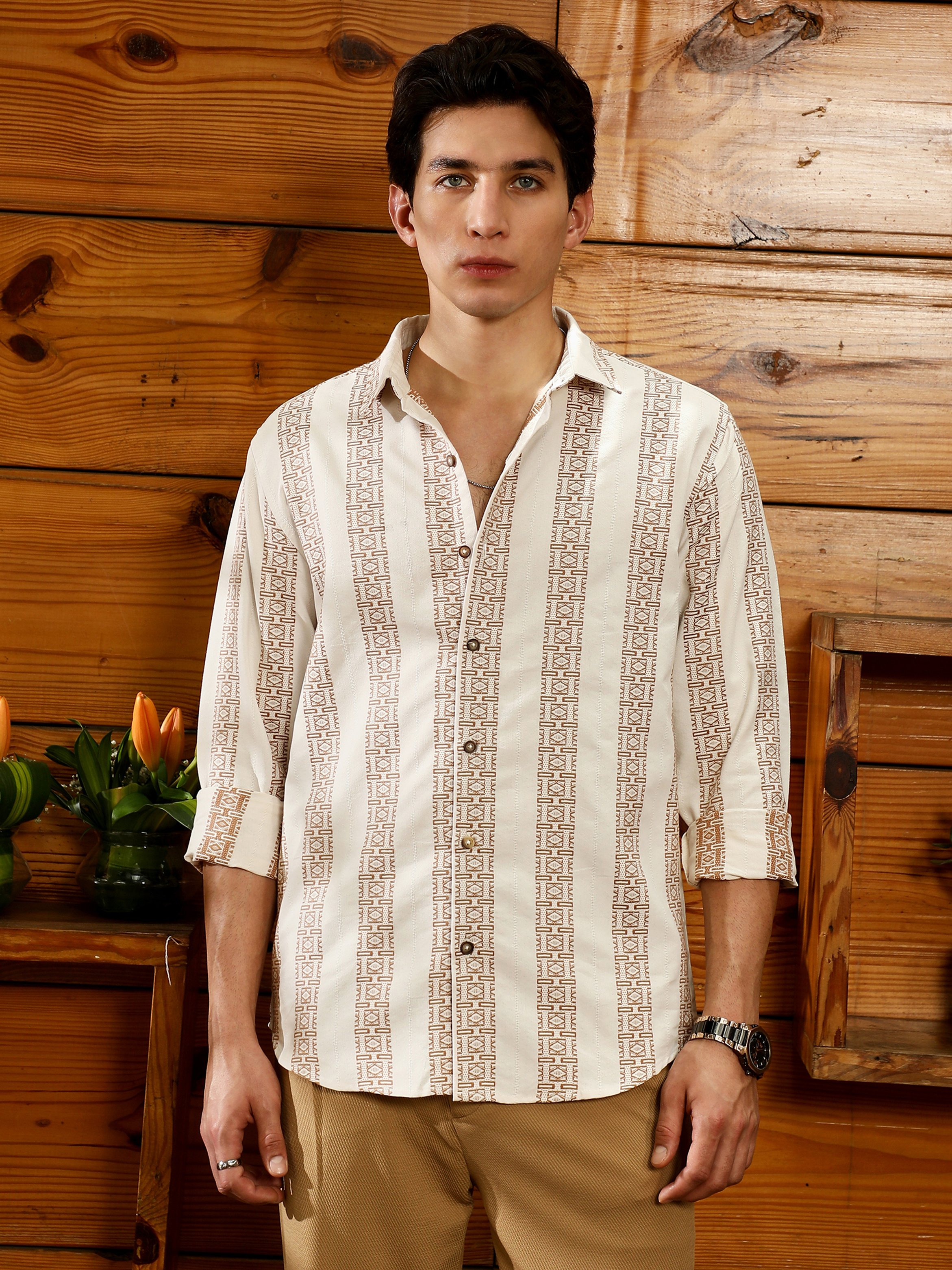 Men Ash Brown Off-White Indie-Stripe Jacquard Shirt