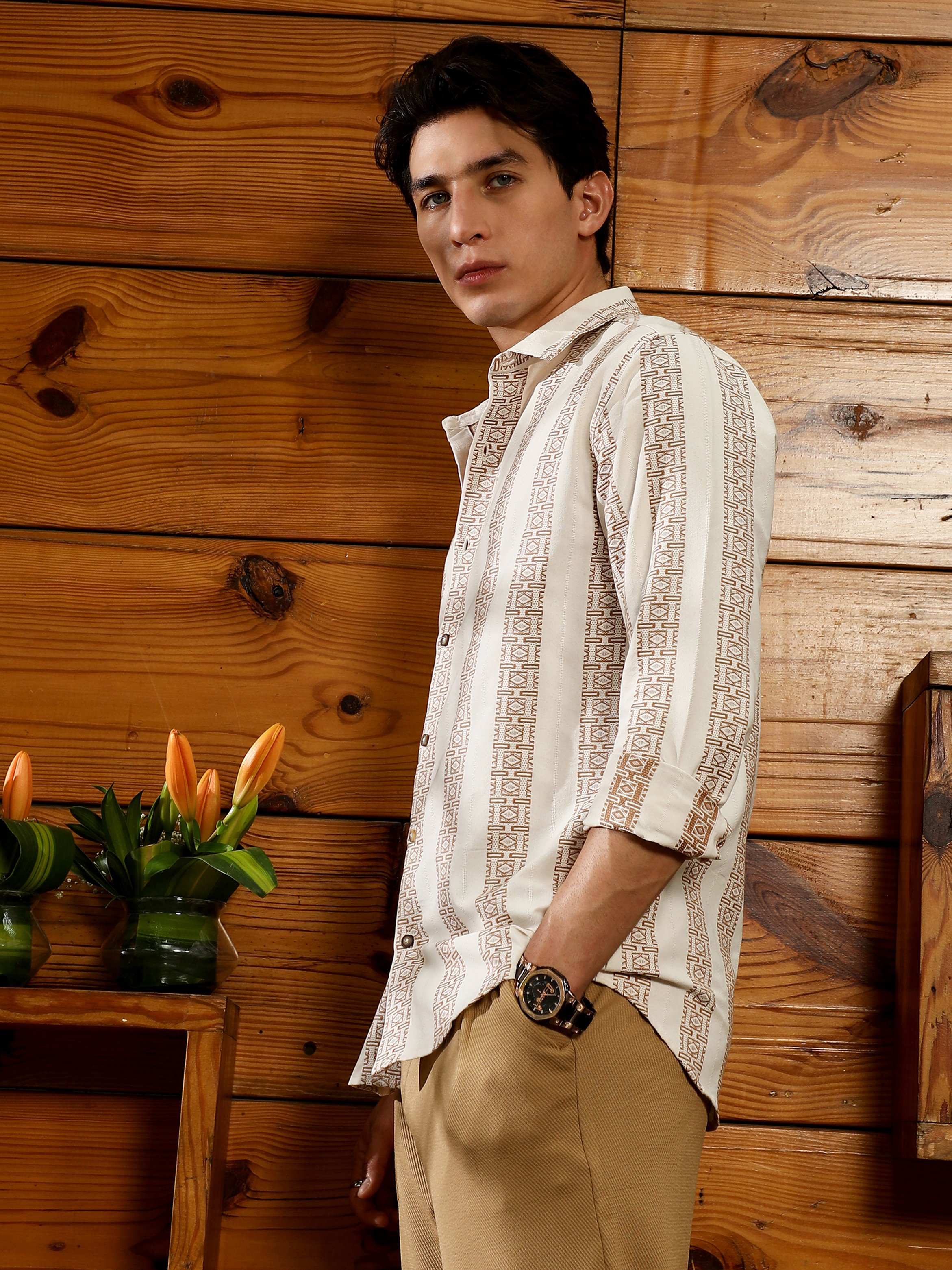 Men Ash Brown Off-White Indie-Stripe Jacquard Shirt