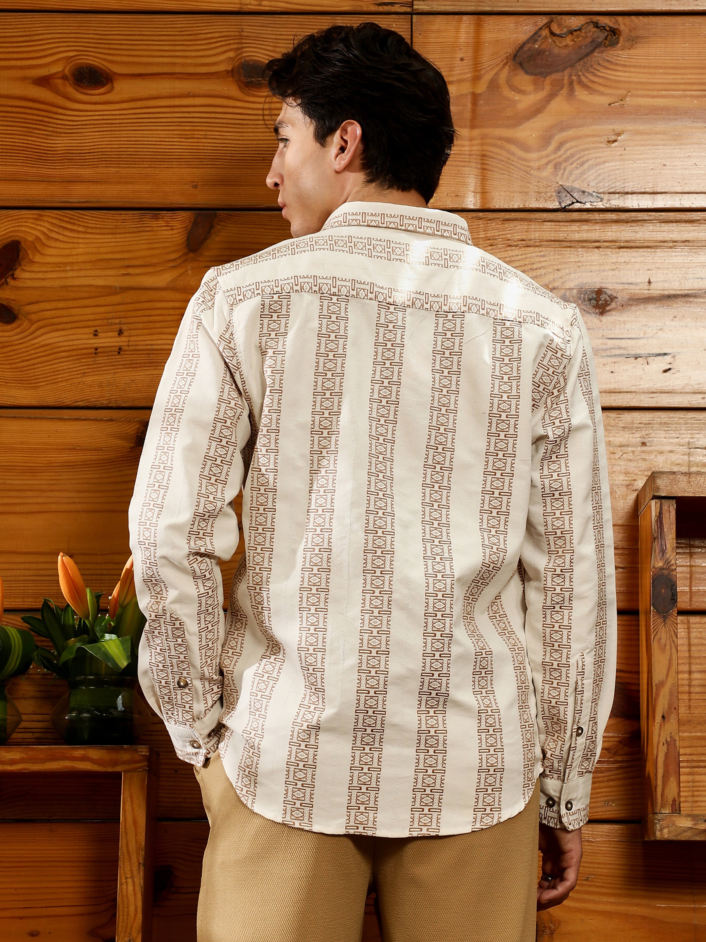 Men Ash Brown Off-White Indie-Stripe Jacquard Shirt