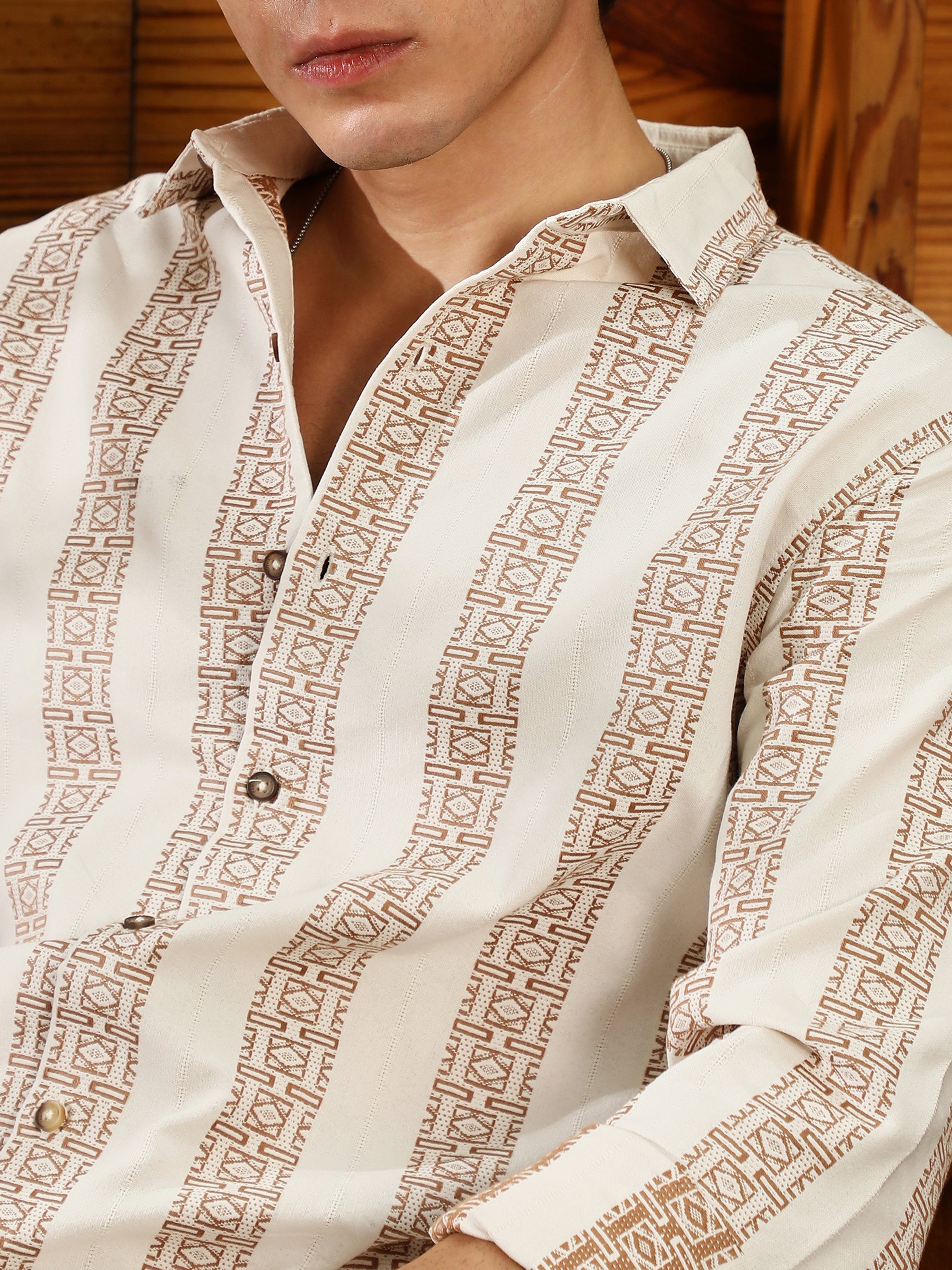Men Ash Brown Off-White Indie-Stripe Jacquard Shirt