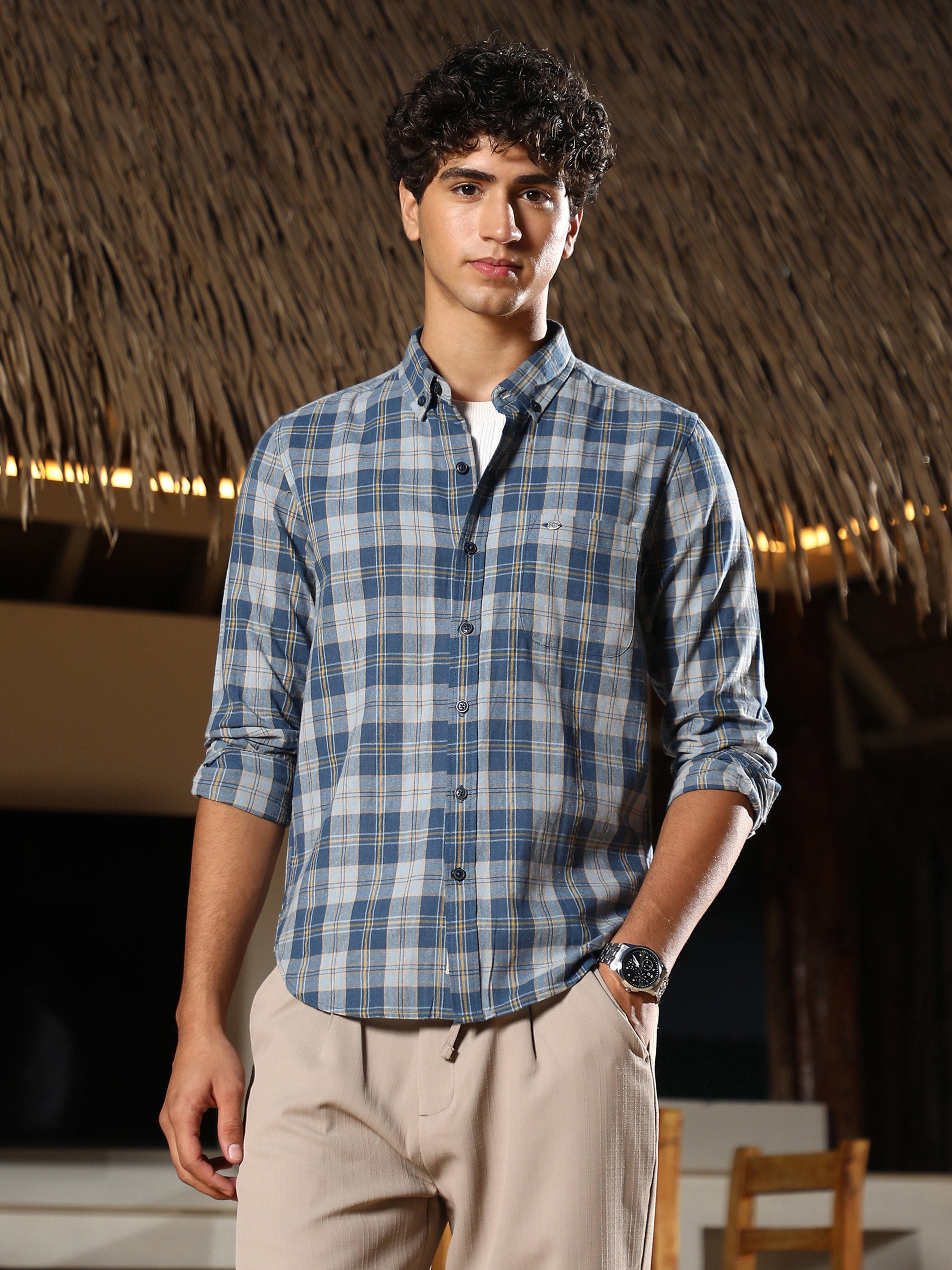 Men Blue Button-Down Plaid Regular Shirt