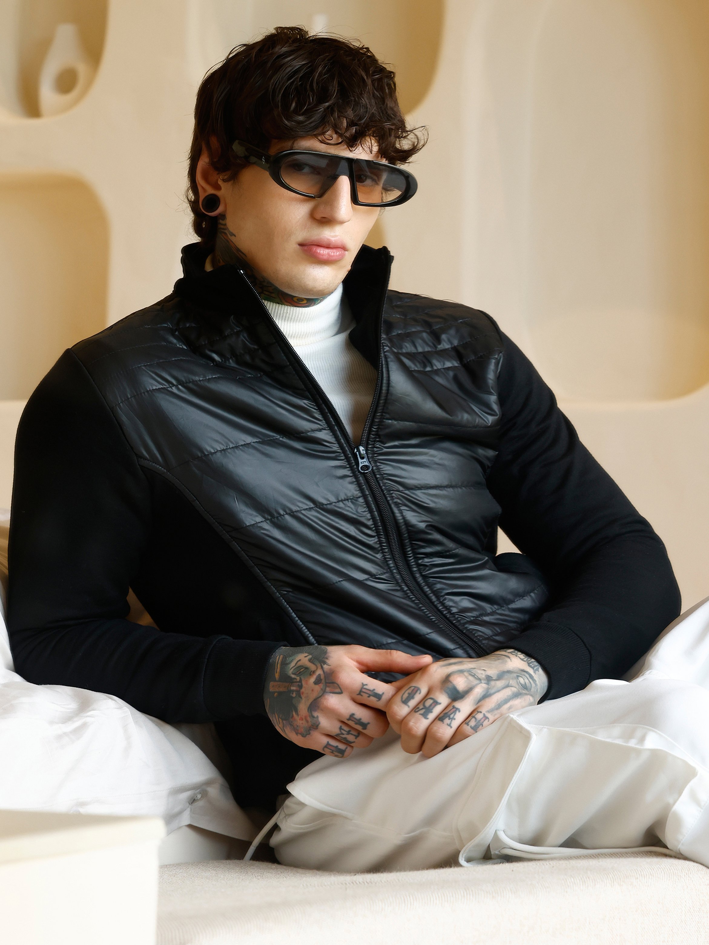 Men Black Zip-Front Patch-Block Jacket