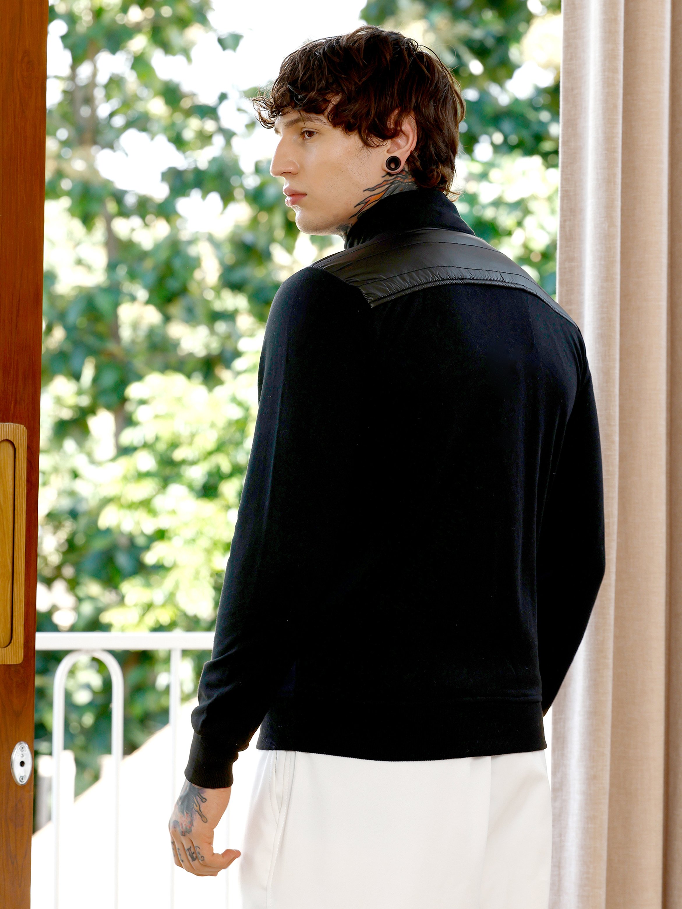 Men Black Zip-Front Patch-Block Jacket