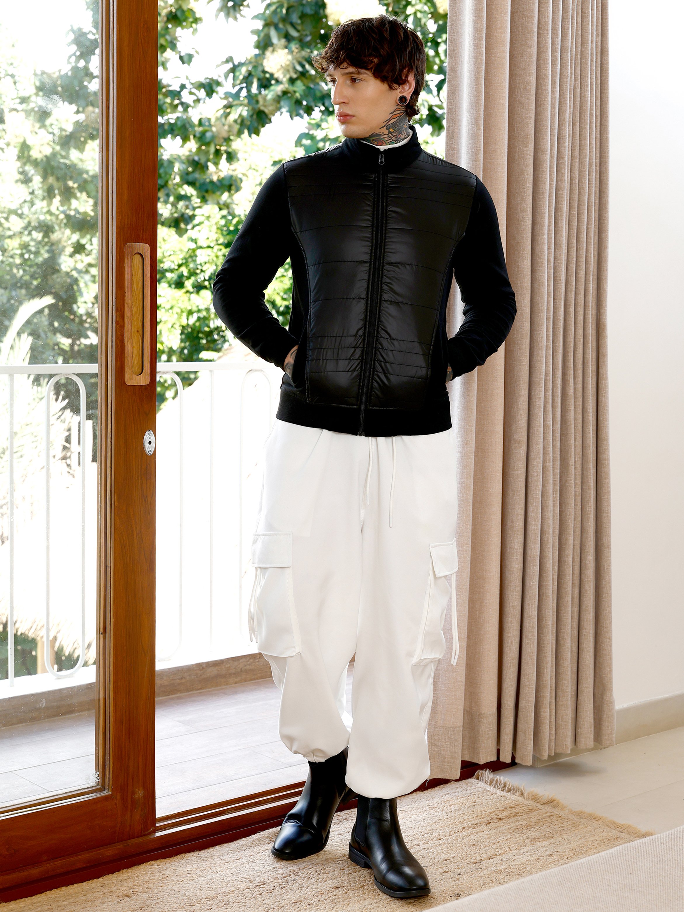 Men Black Zip-Front Patch-Block Jacket