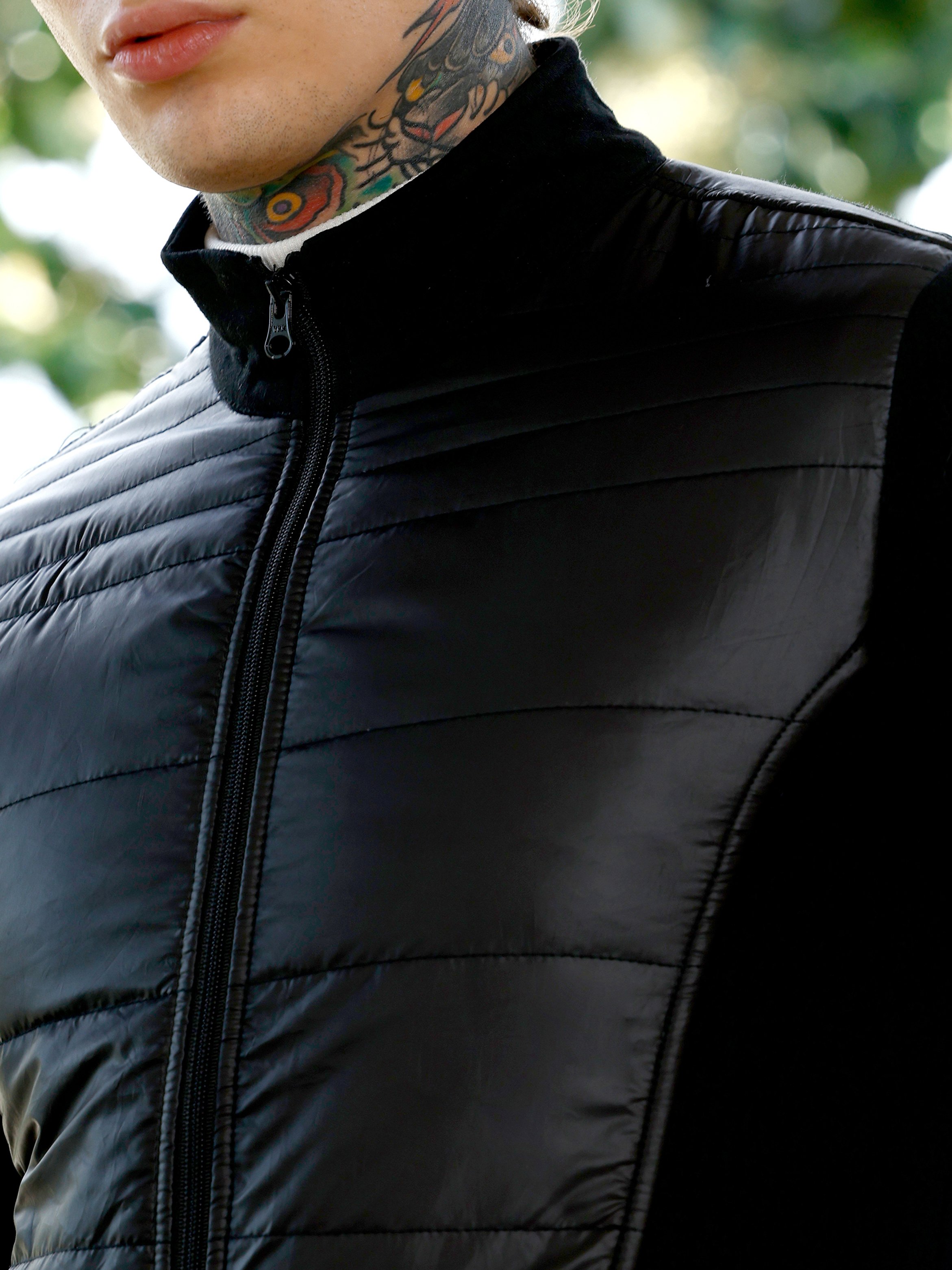 Men Black Zip-Front Patch-Block Jacket