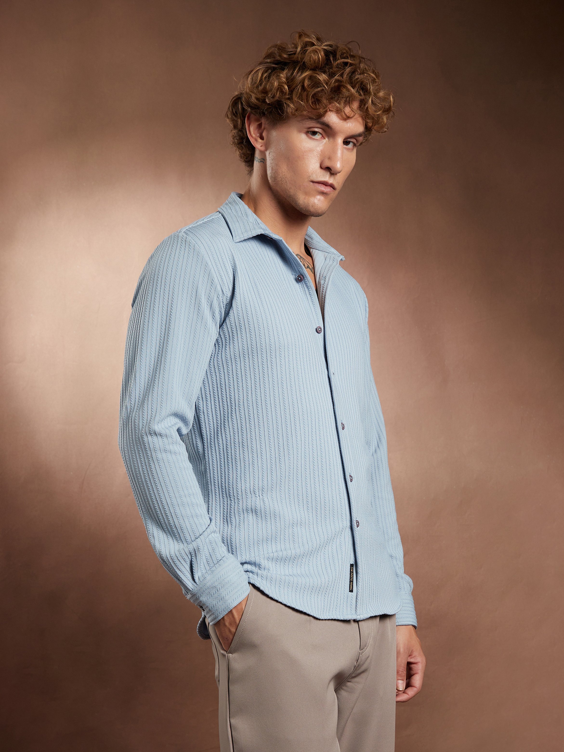 Men Blue Rope-Striped Textured Shirt