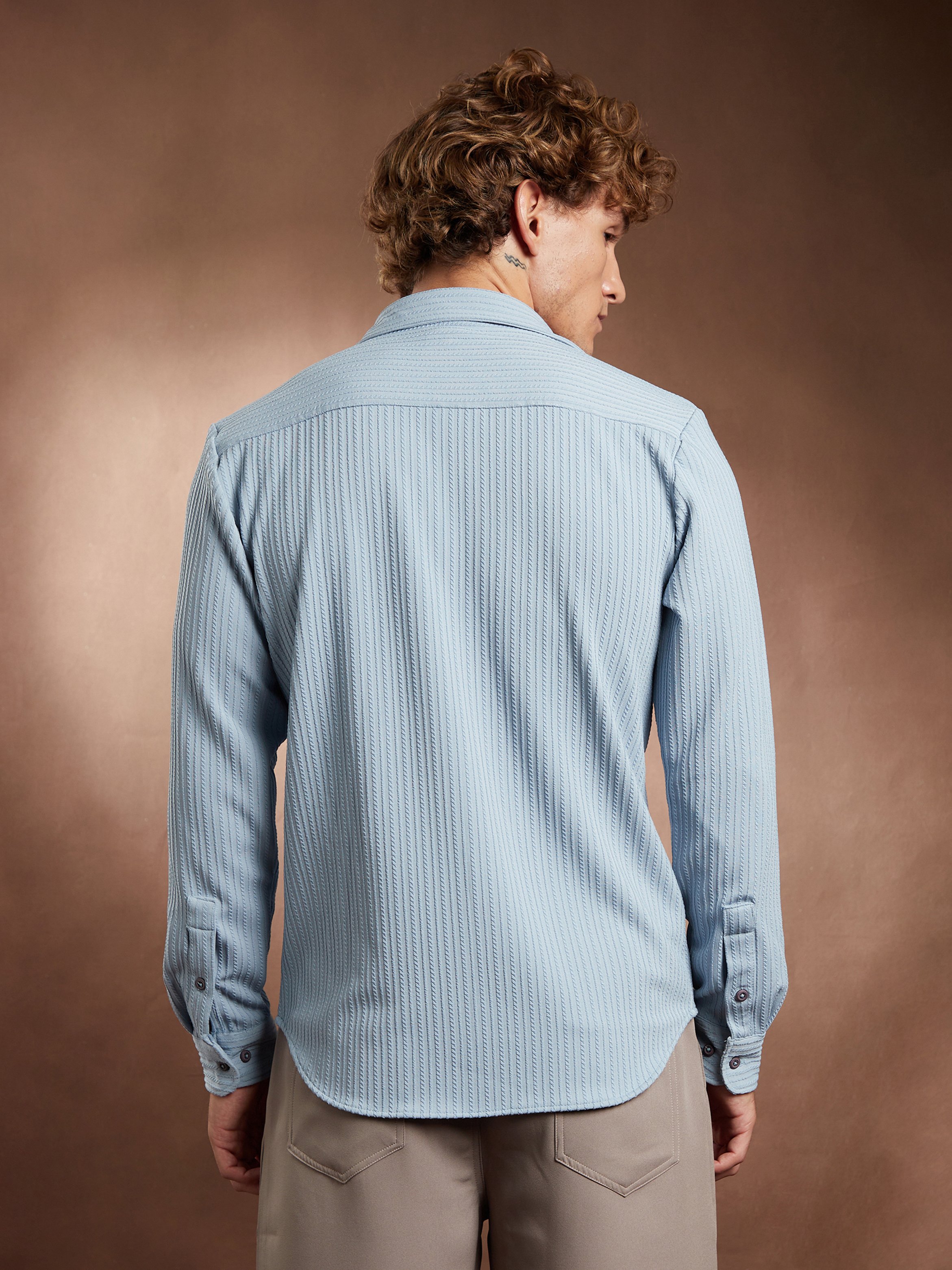 Men Blue Rope-Striped Textured Shirt