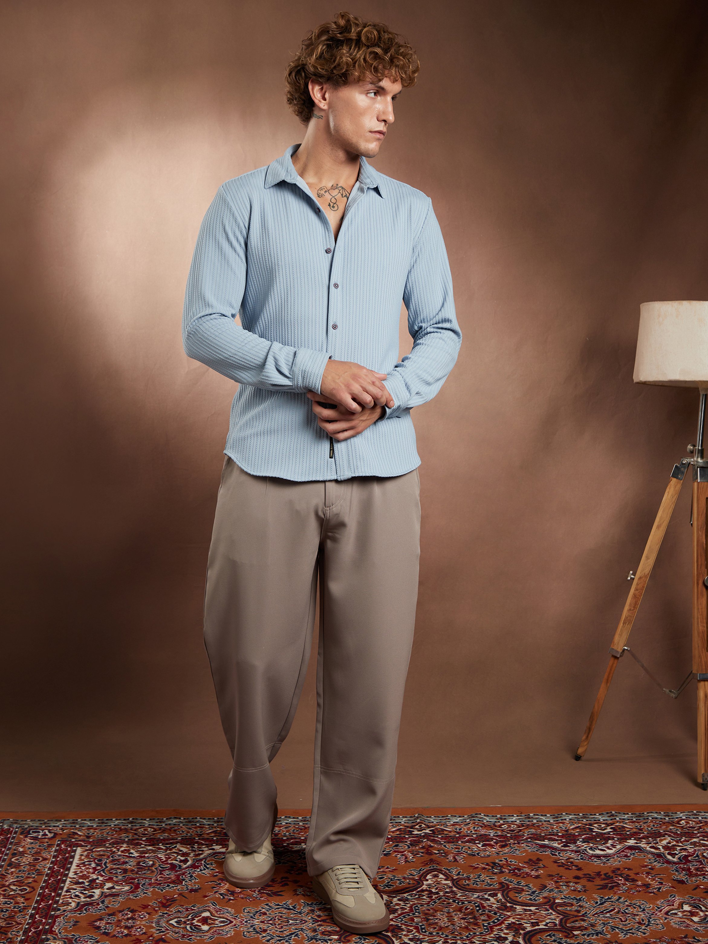 Men Blue Rope-Striped Textured Shirt
