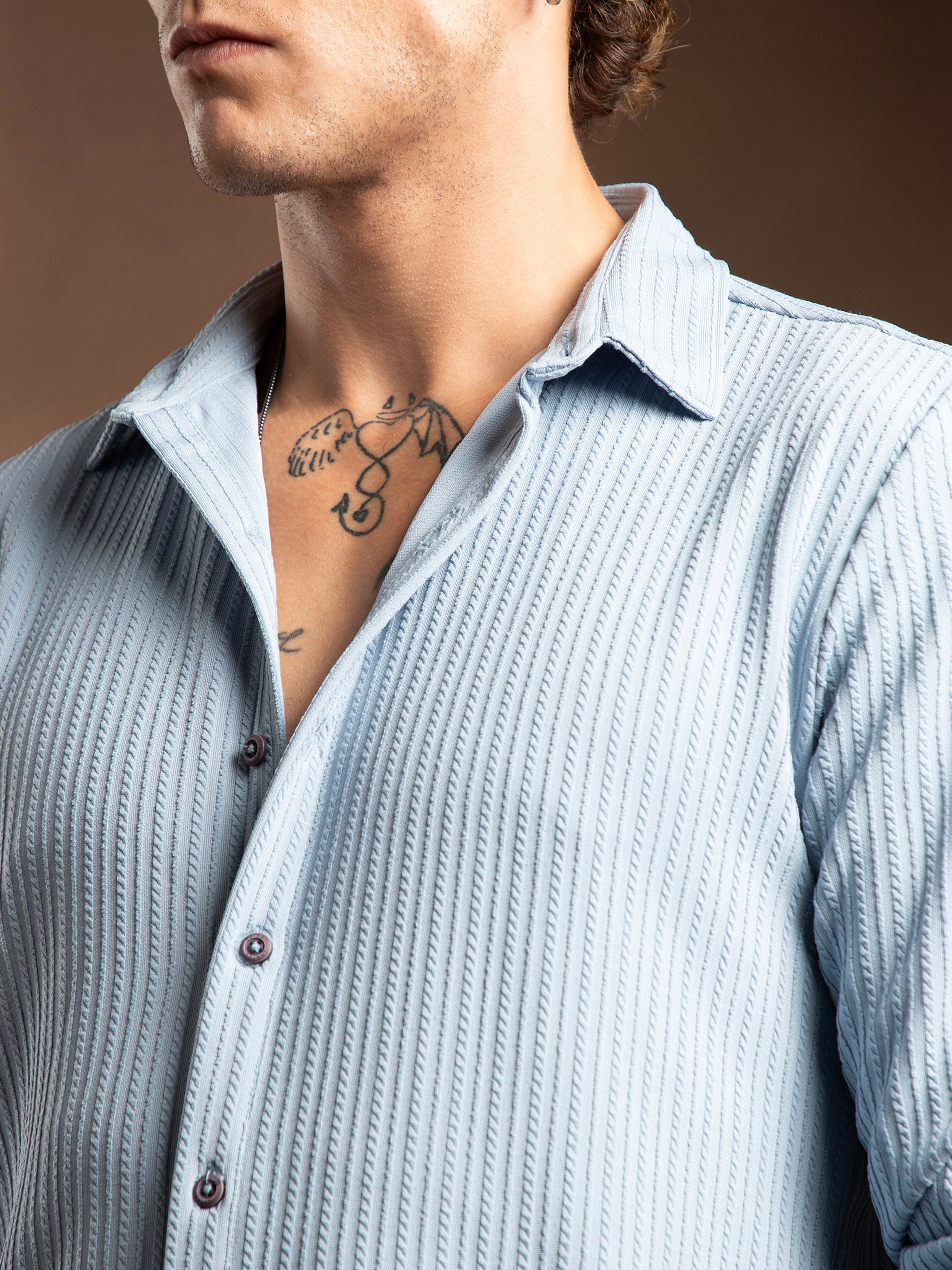 Men Blue Rope-Striped Textured Shirt