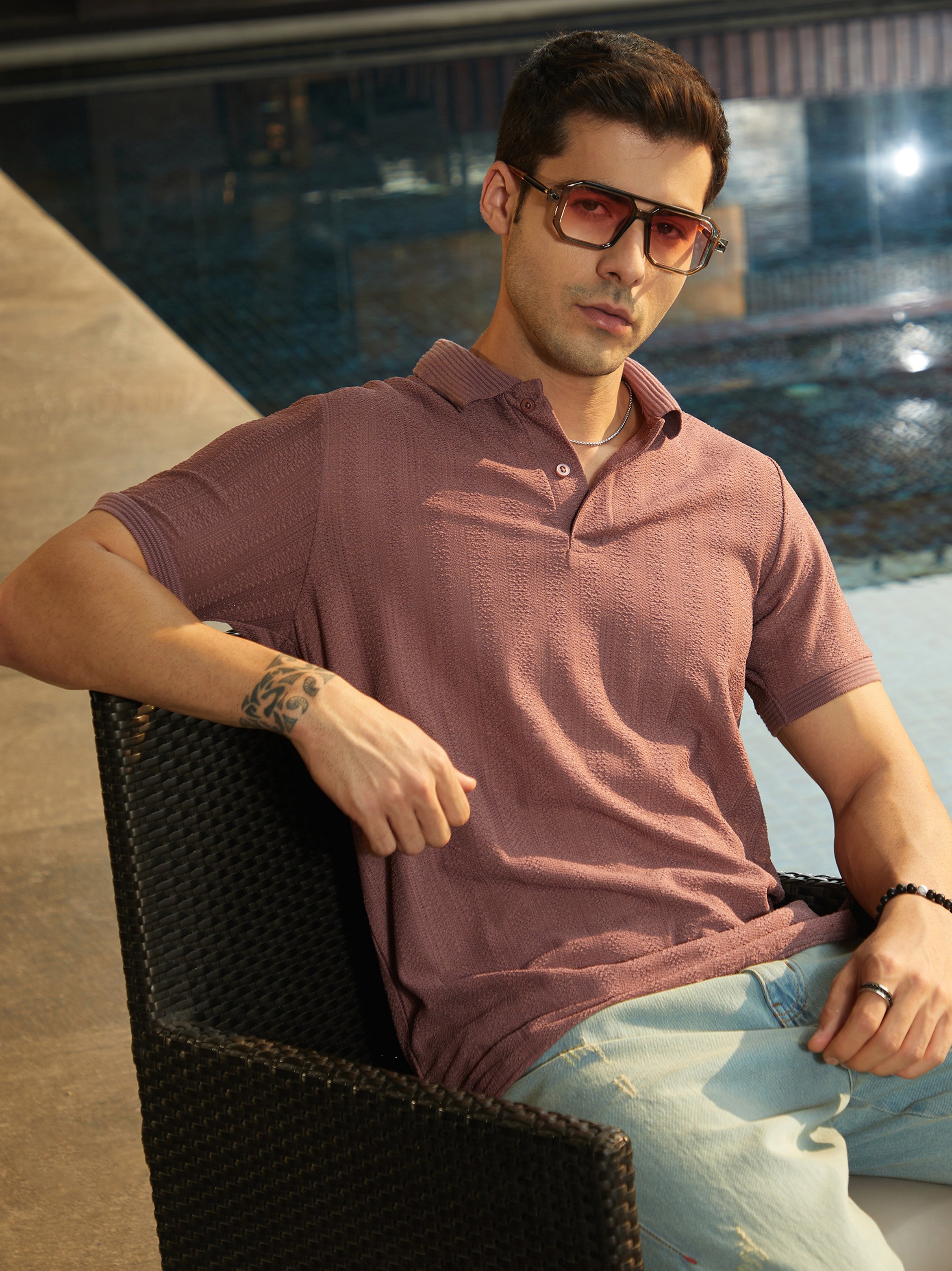 Men Purple Textured Polo T-Shirt