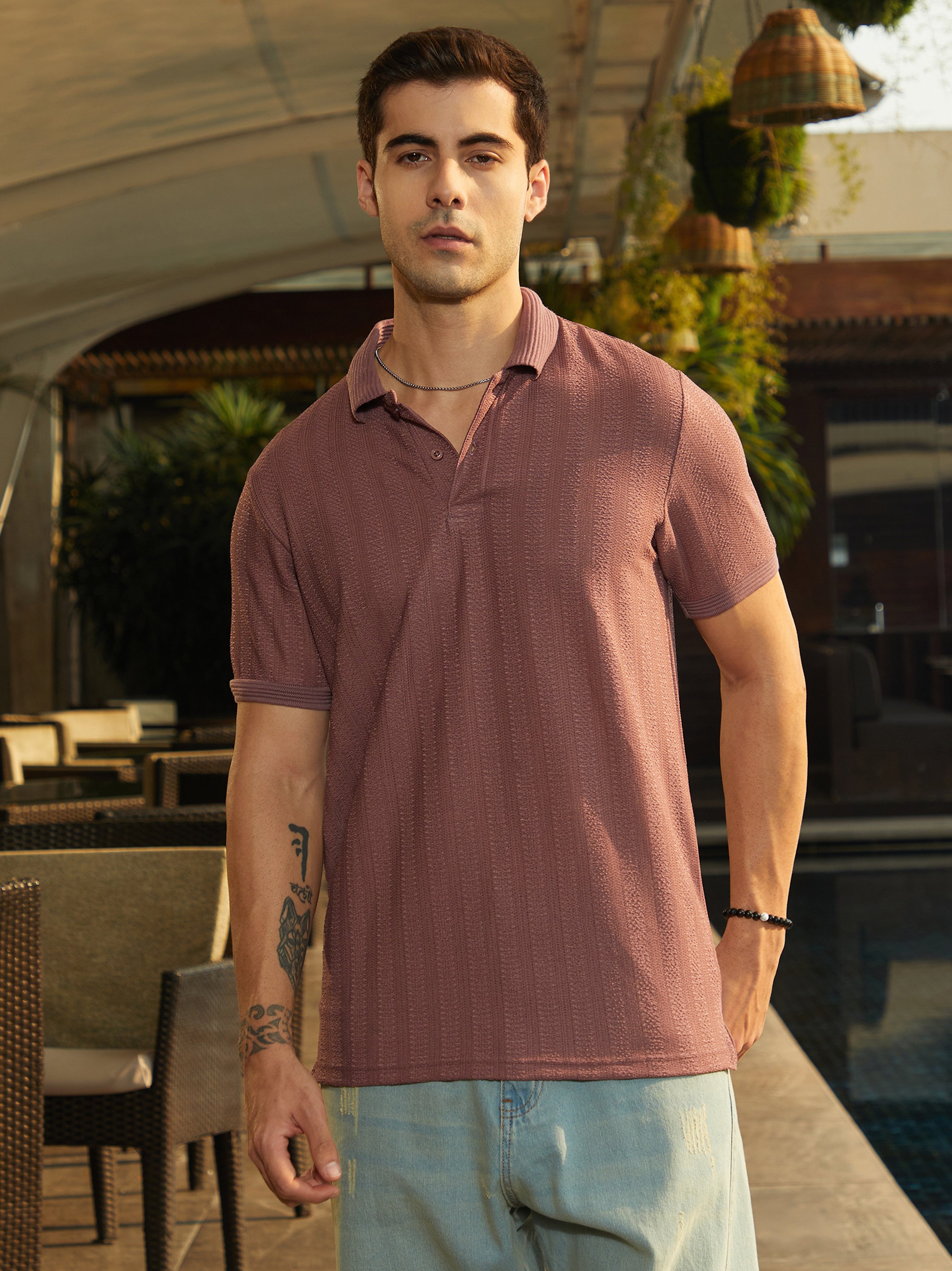 Men Purple Textured Polo T-Shirt