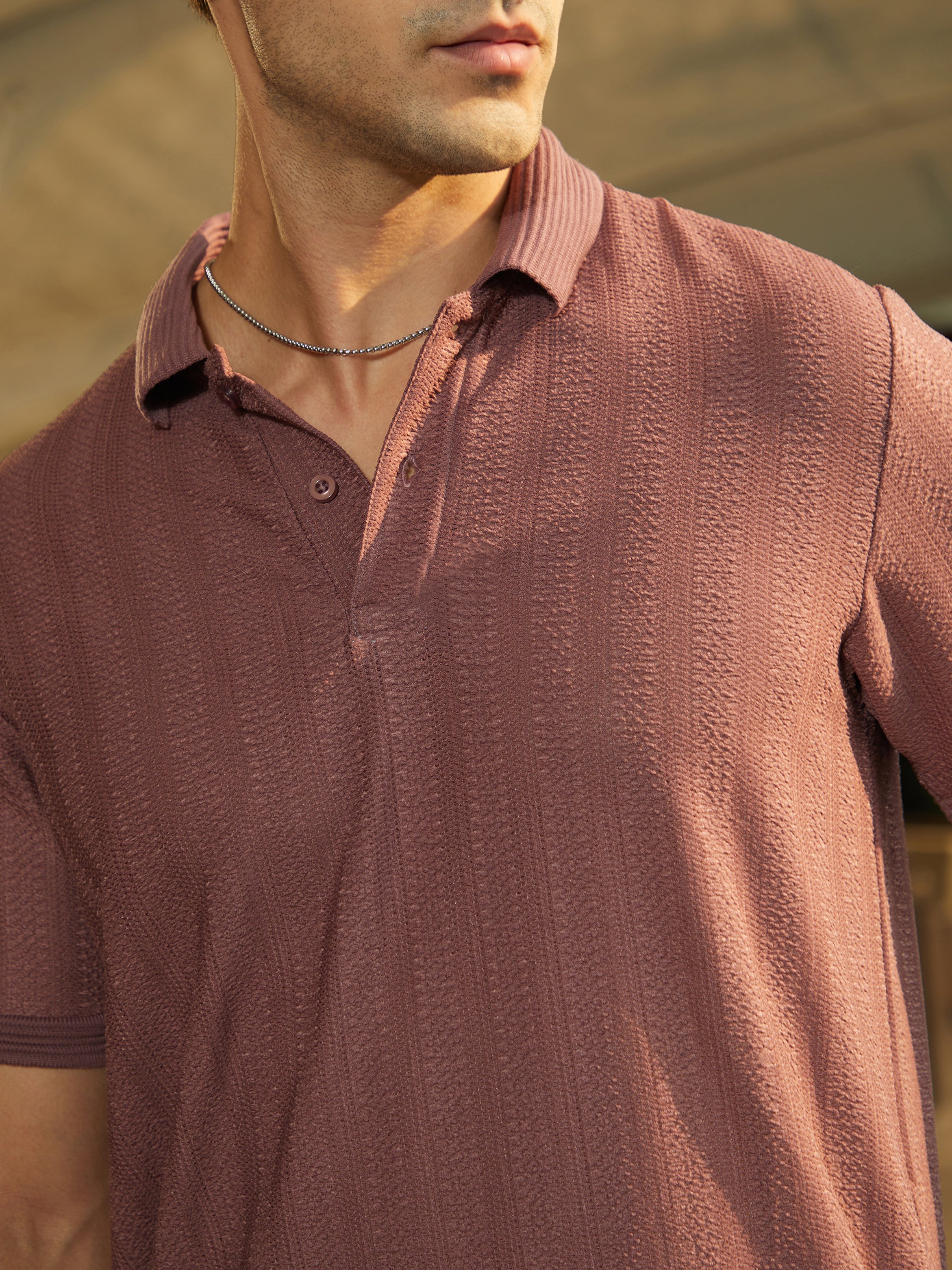 Men Purple Textured Polo T-Shirt