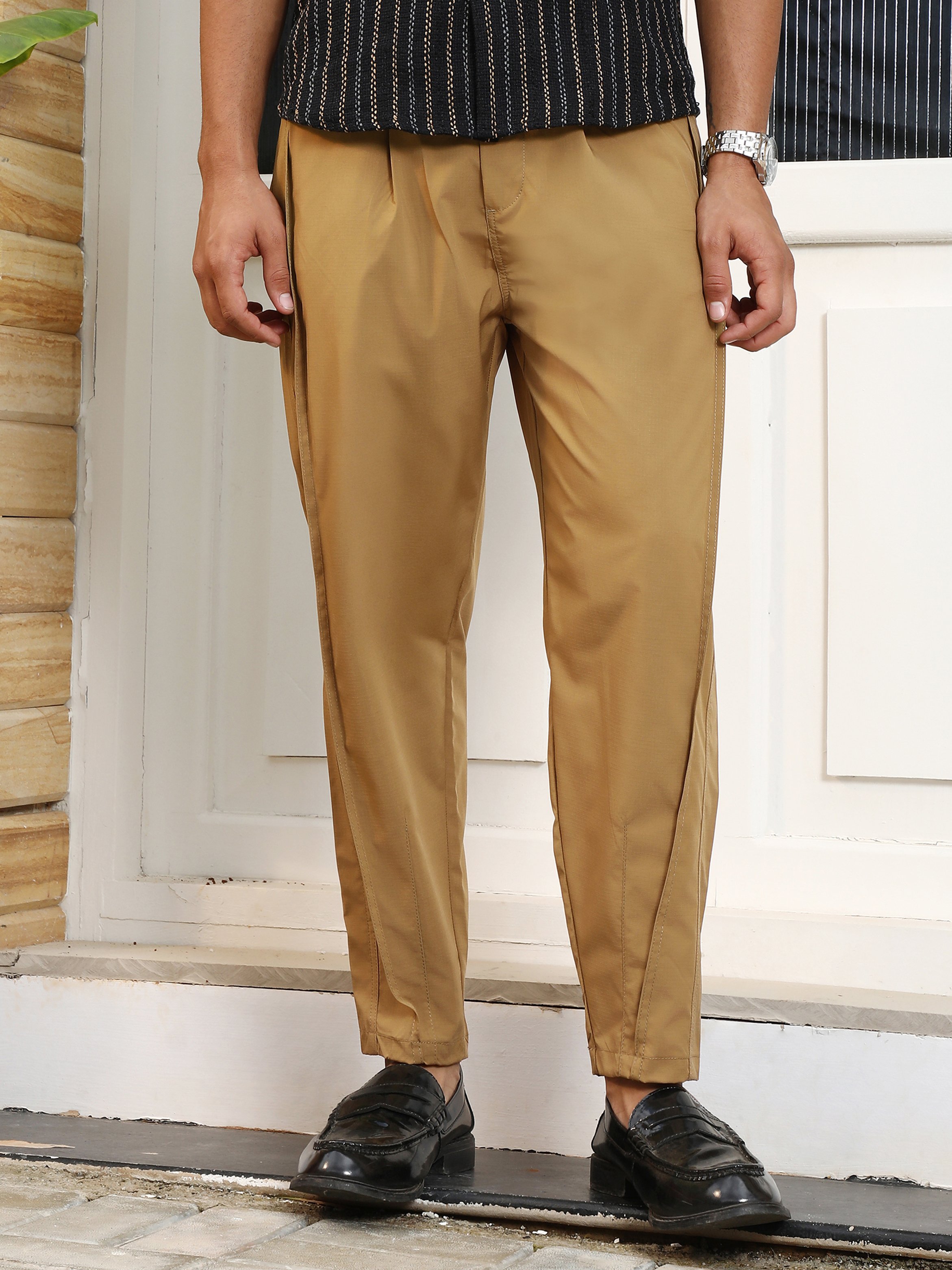 Men Mustard Brown Pleat-Tapered Trousers