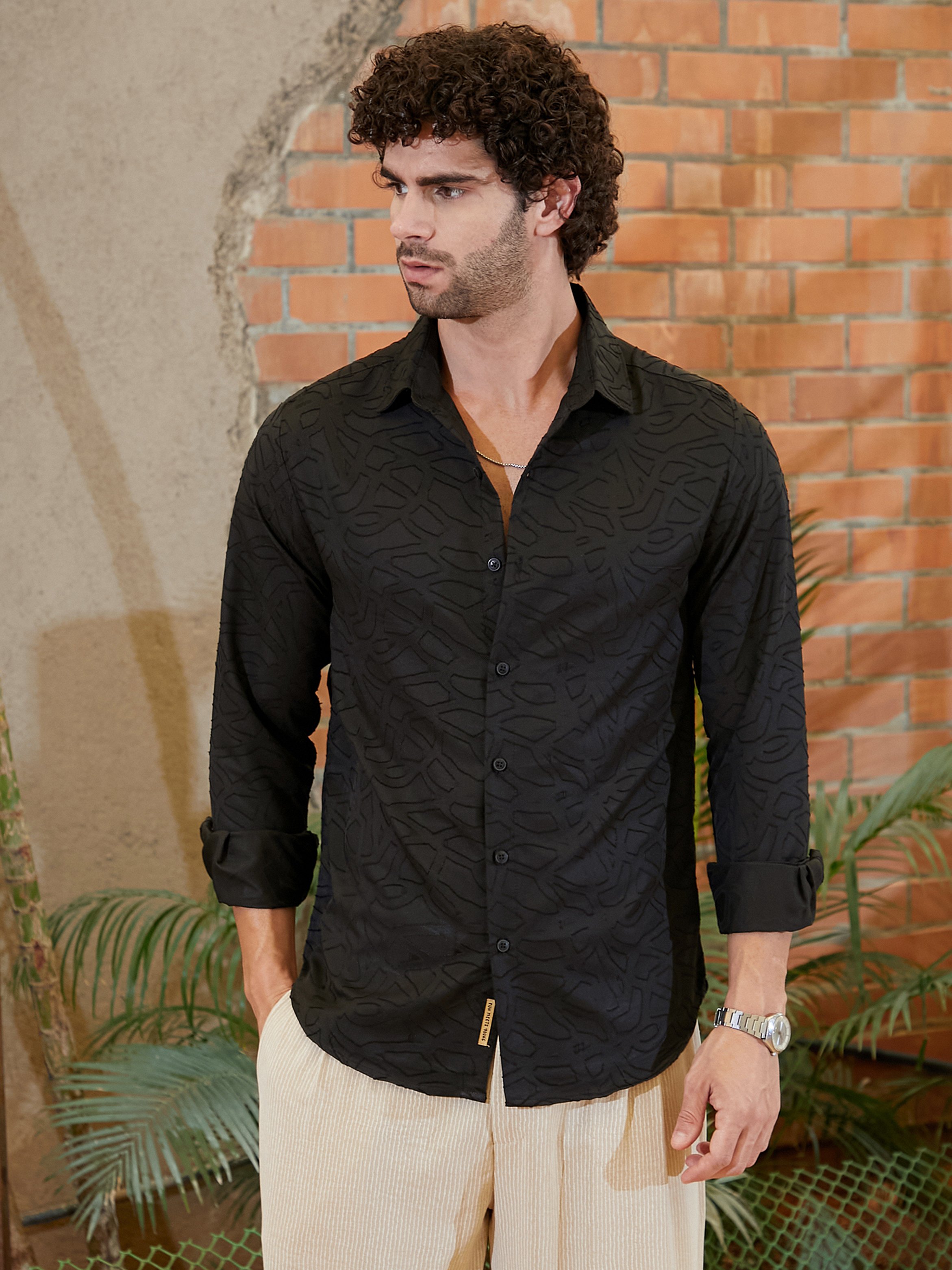 Men Black Textured Abstract-Edge Shirt