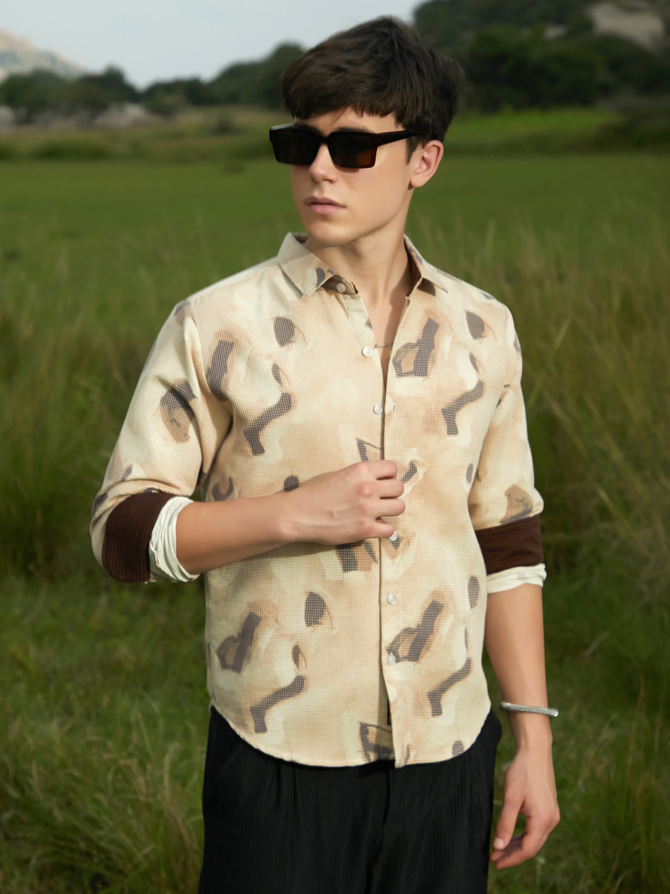 Men Saltbox Beige Nonlinear-Tactile Shirt