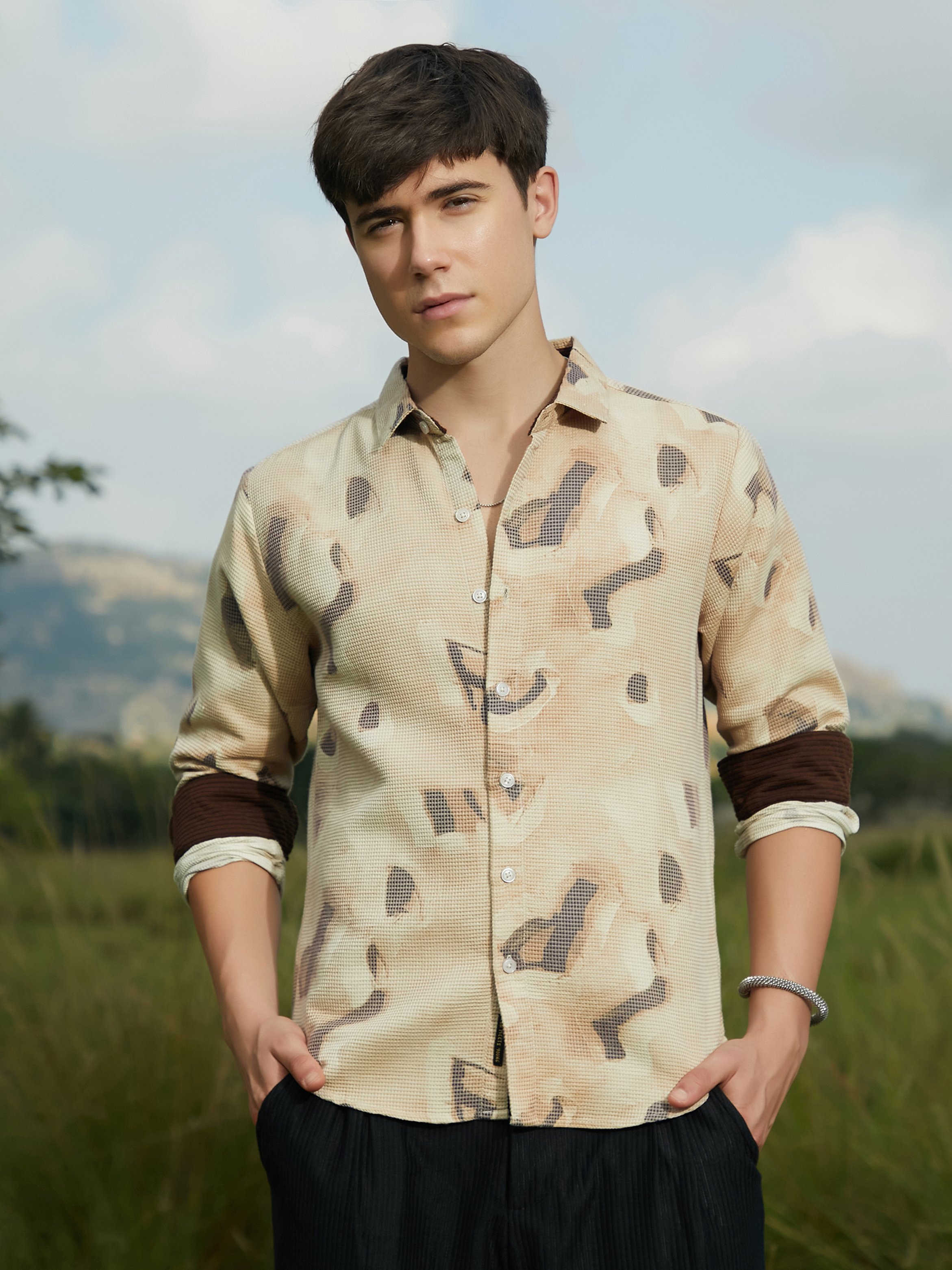 Men Saltbox Beige Nonlinear-Tactile Shirt