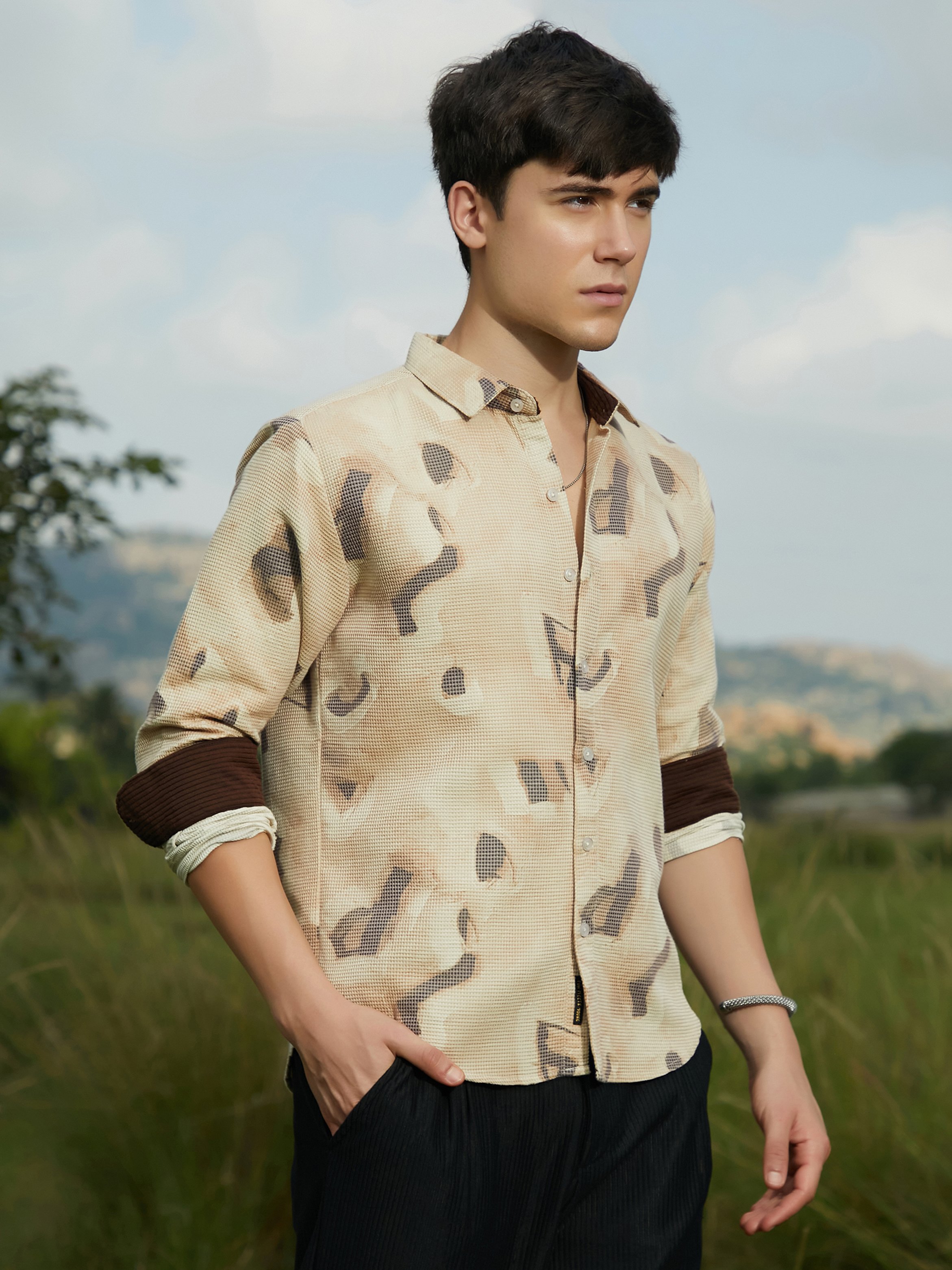 Men Saltbox Beige Nonlinear-Tactile Shirt