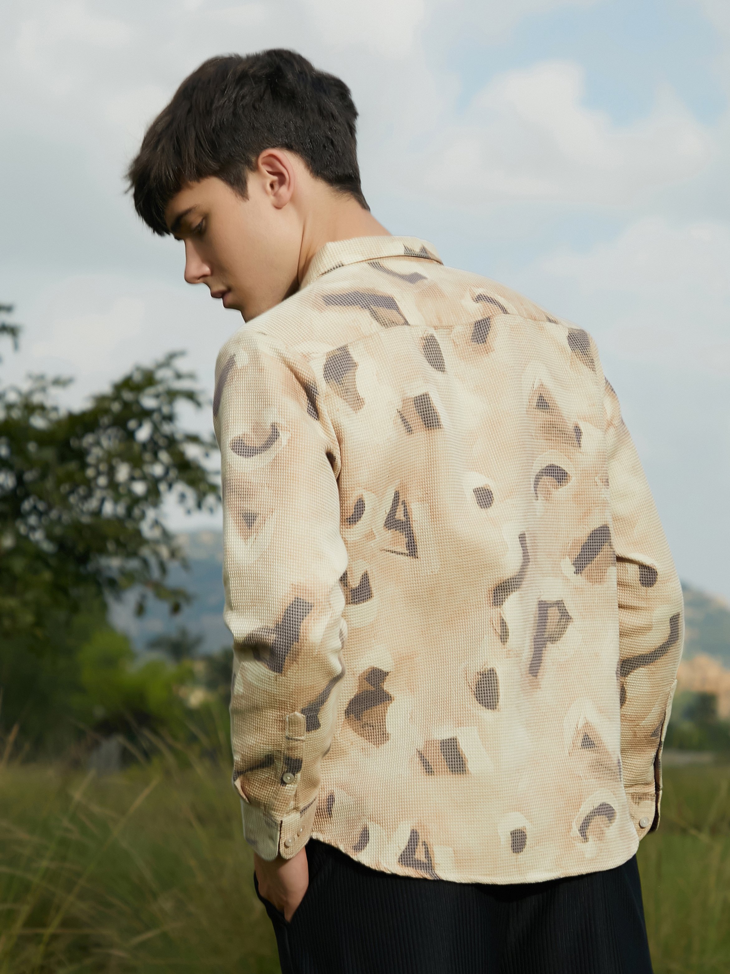 Men Saltbox Beige Nonlinear-Tactile Shirt