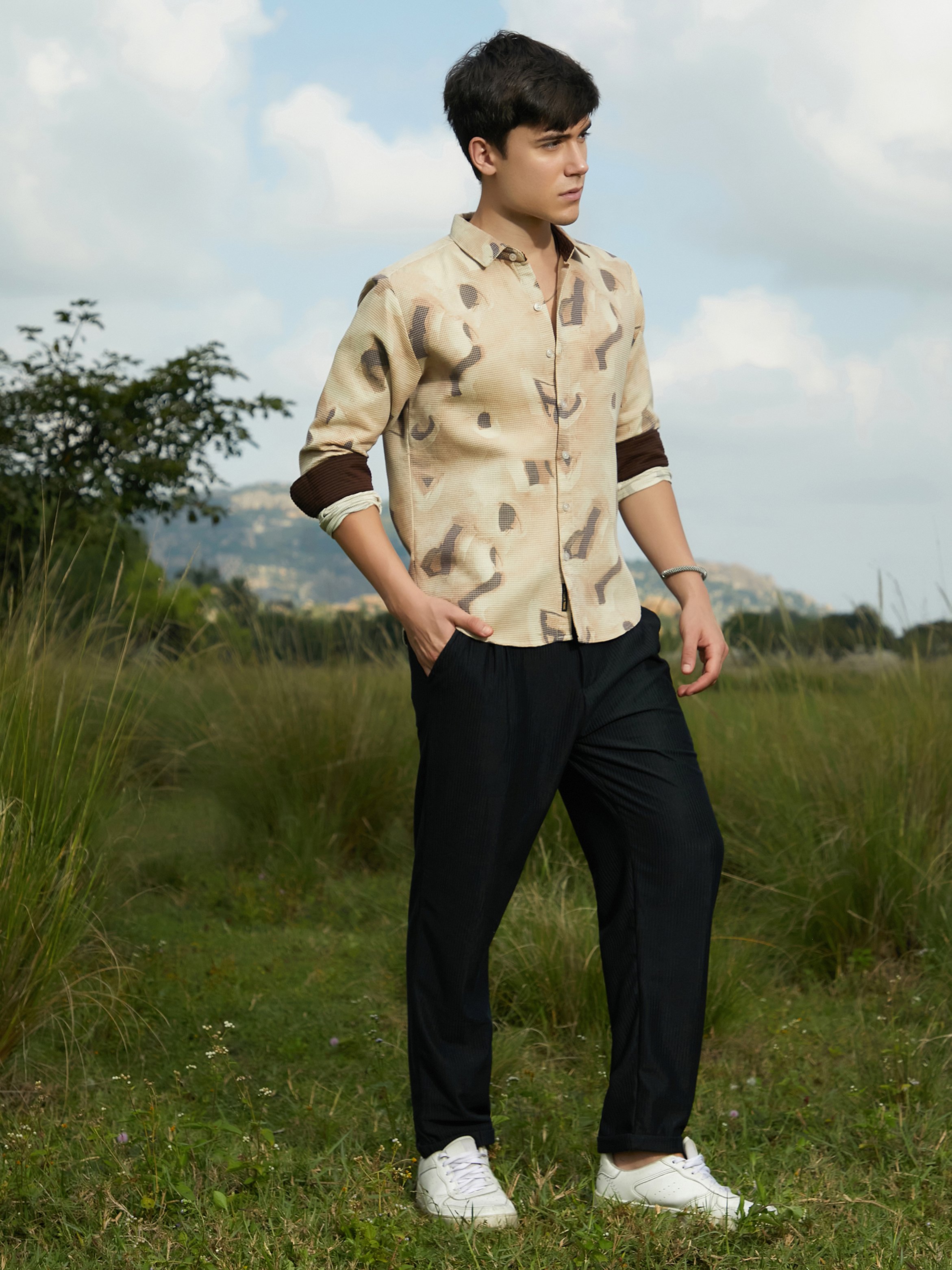 Men Saltbox Beige Nonlinear-Tactile Shirt