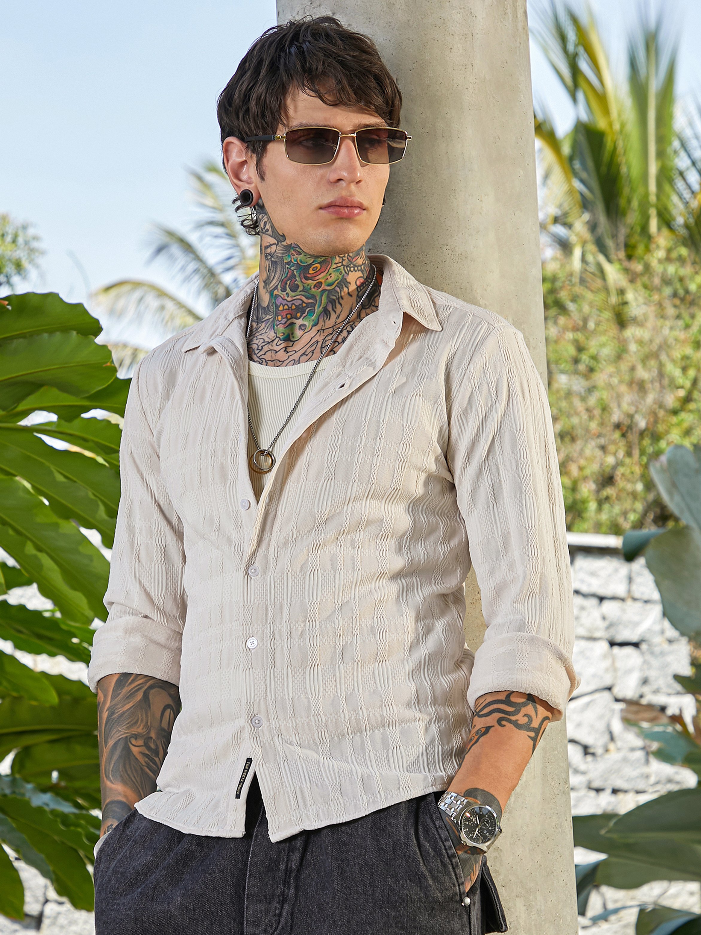 Men Beige Braided-Knot Textured Shirt