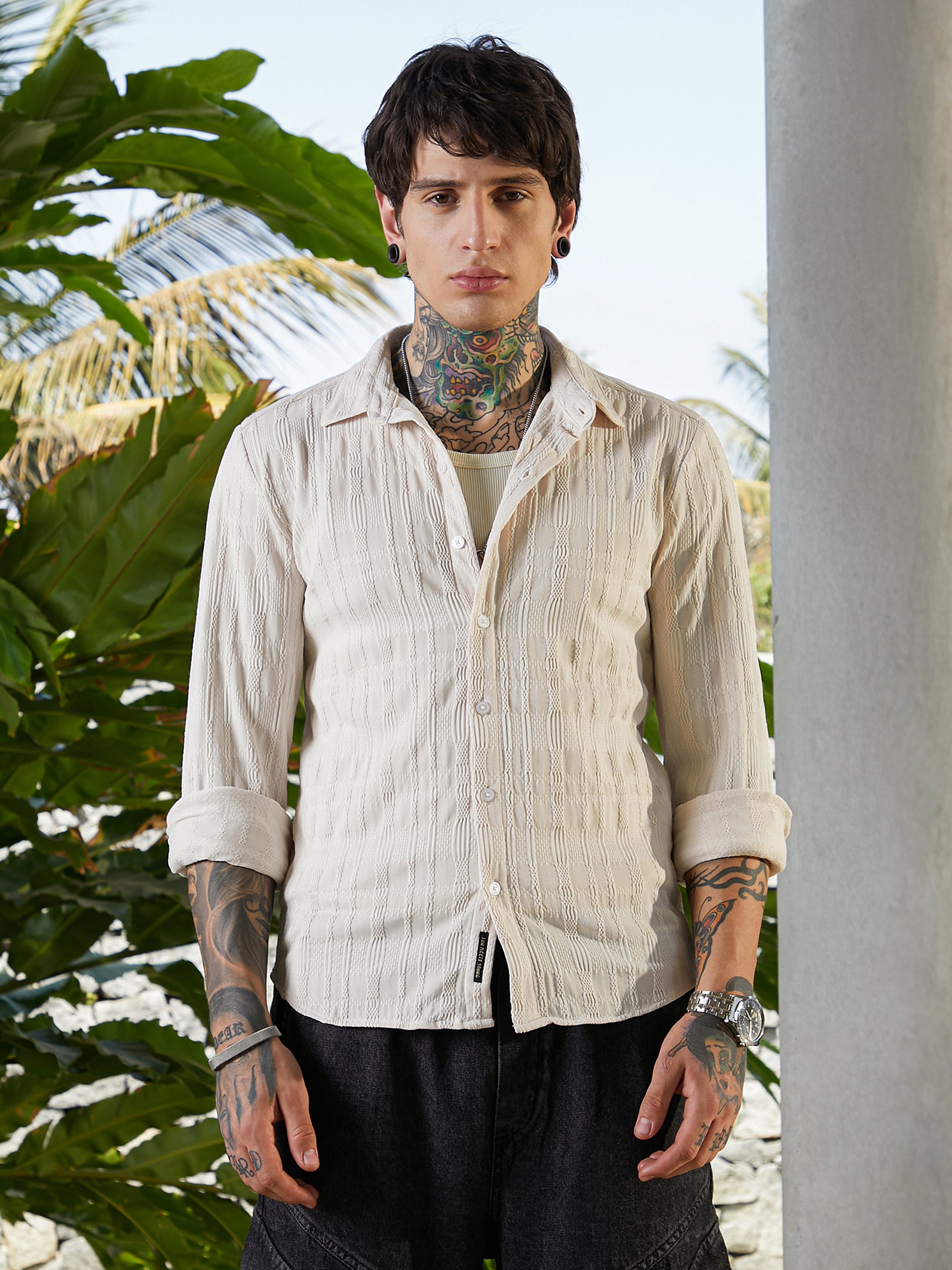 Men Beige Braided-Knot Textured Shirt