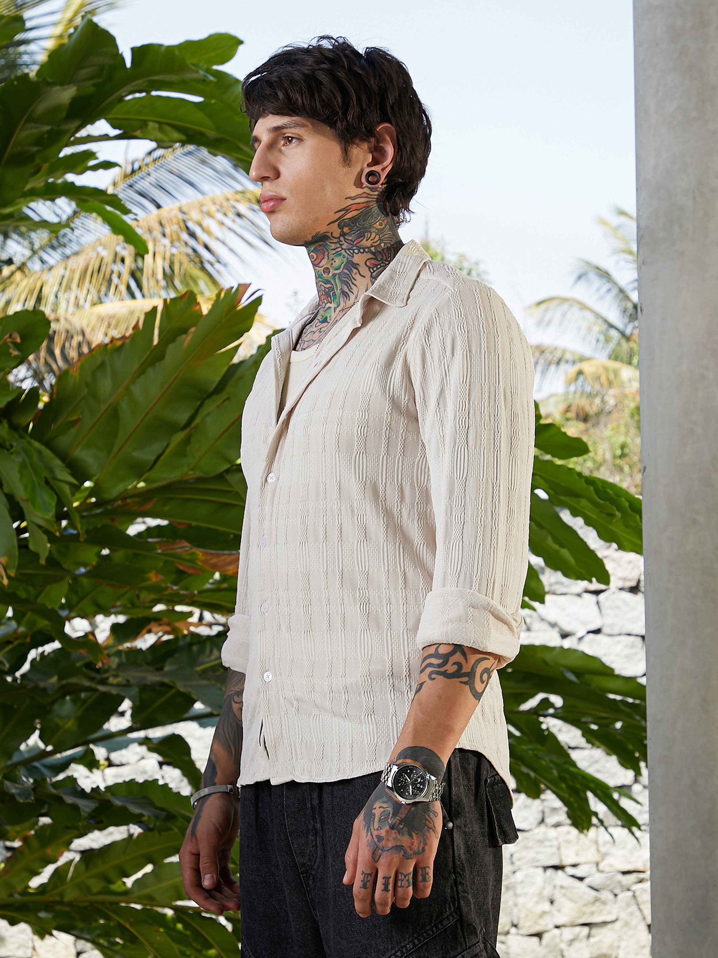 Men Beige Braided-Knot Textured Shirt