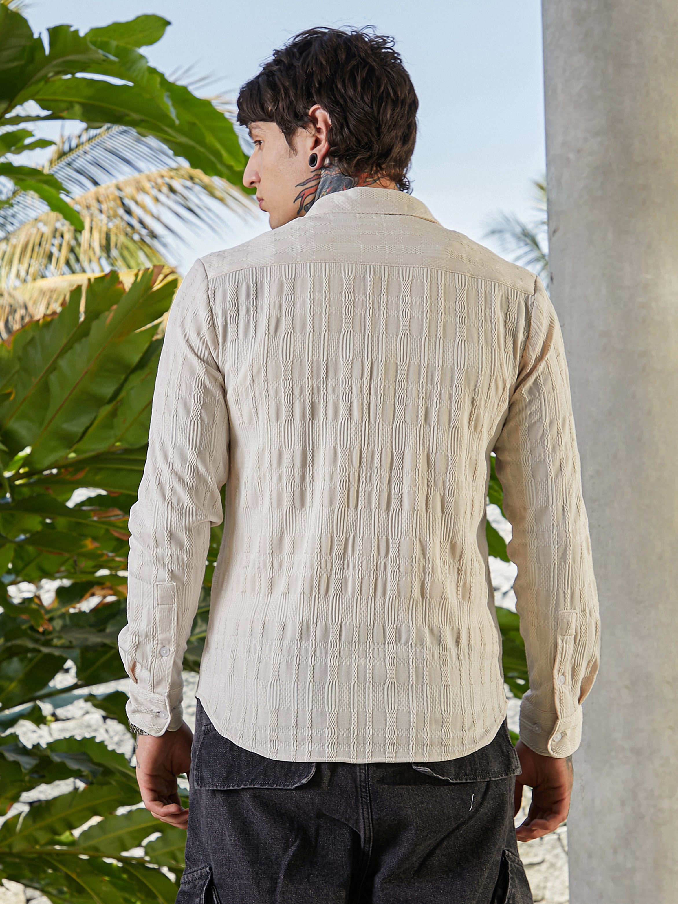 Men Beige Braided-Knot Textured Shirt