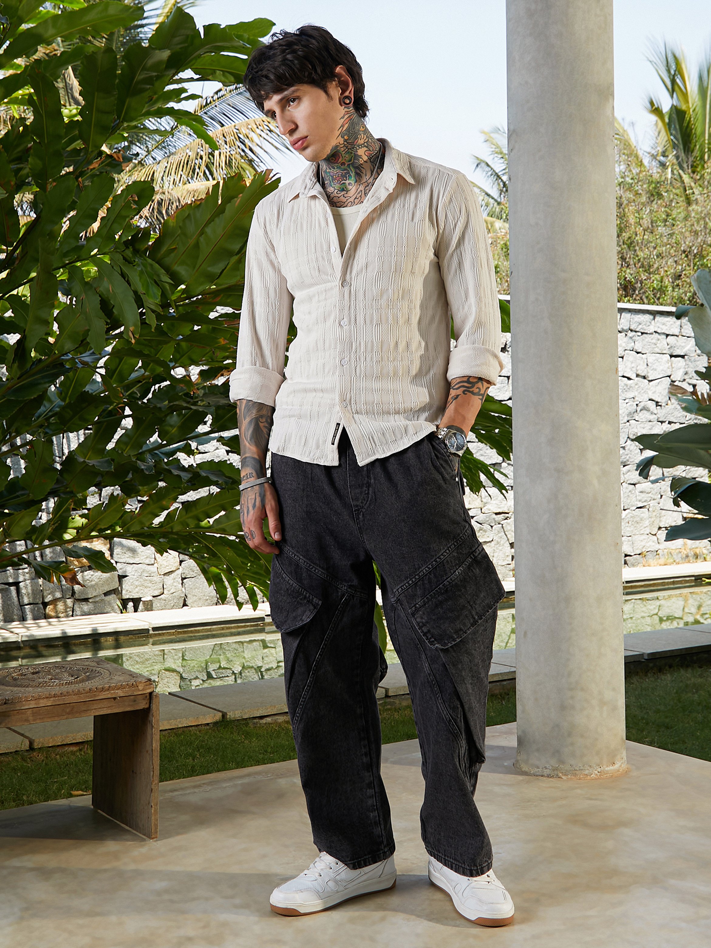 Men Beige Braided-Knot Textured Shirt
