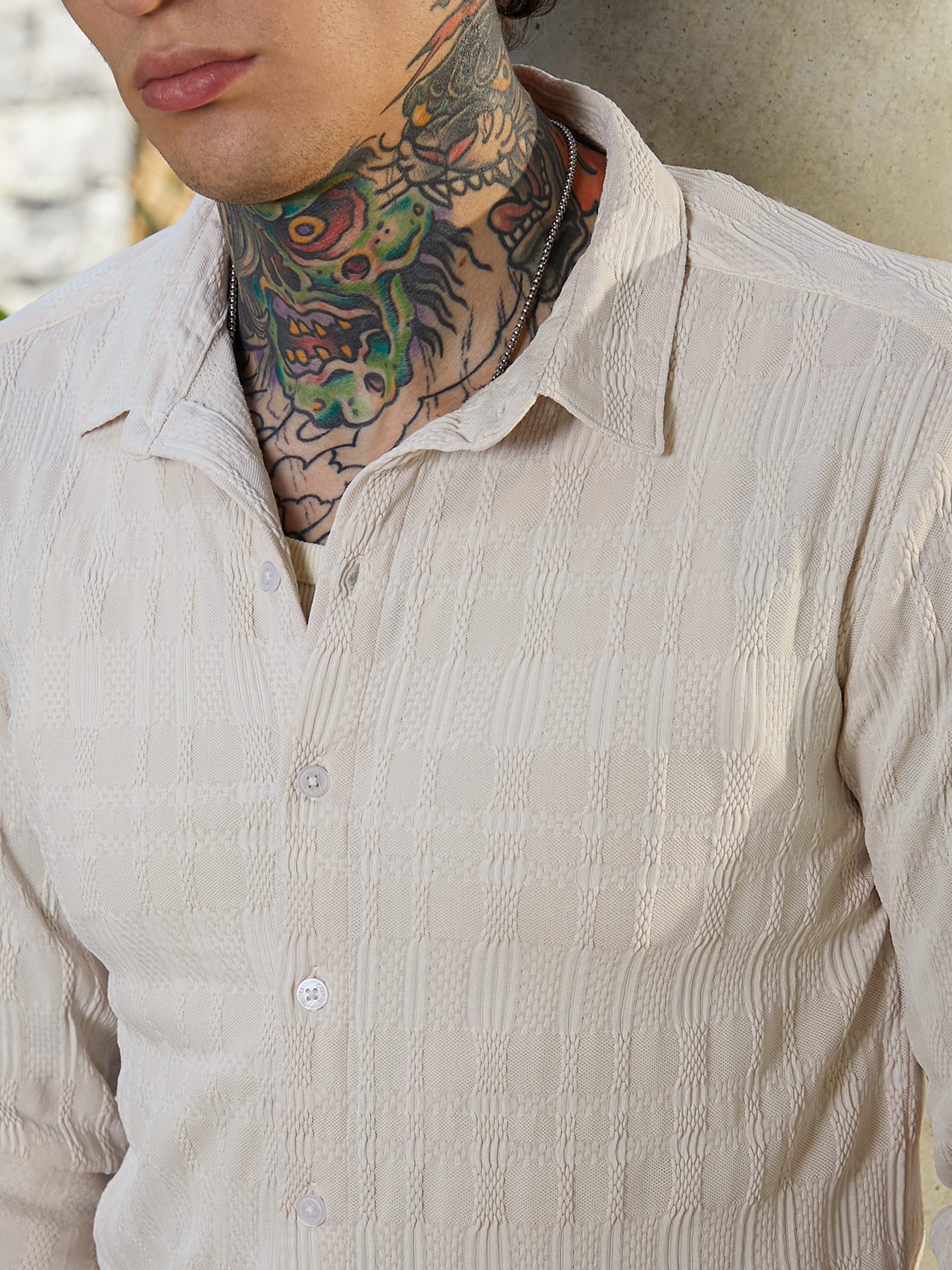Men Beige Braided-Knot Textured Shirt