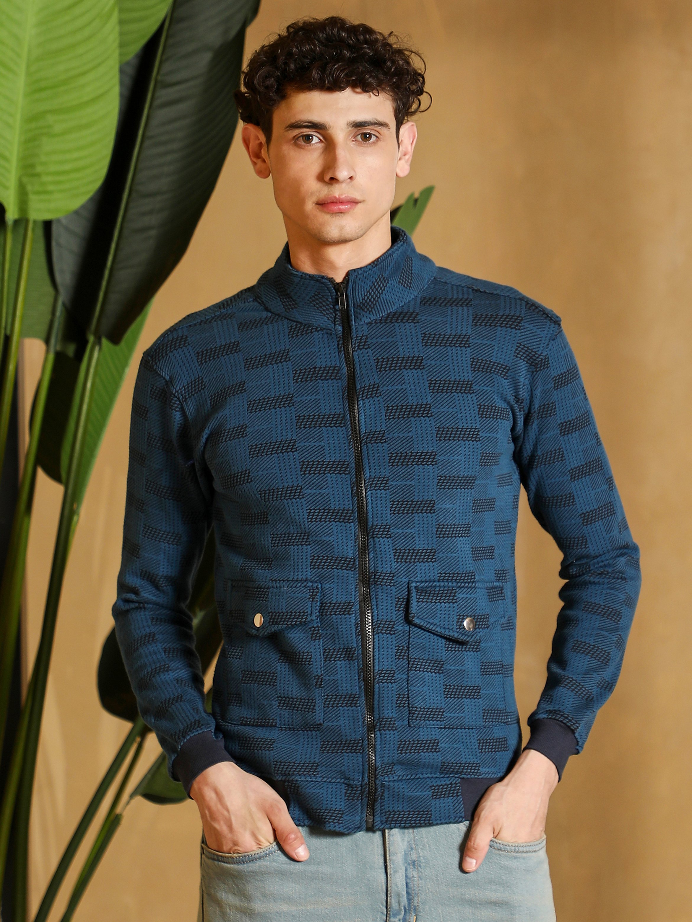 Men Blue Zip-Front Geometric-Jacquard Jacket