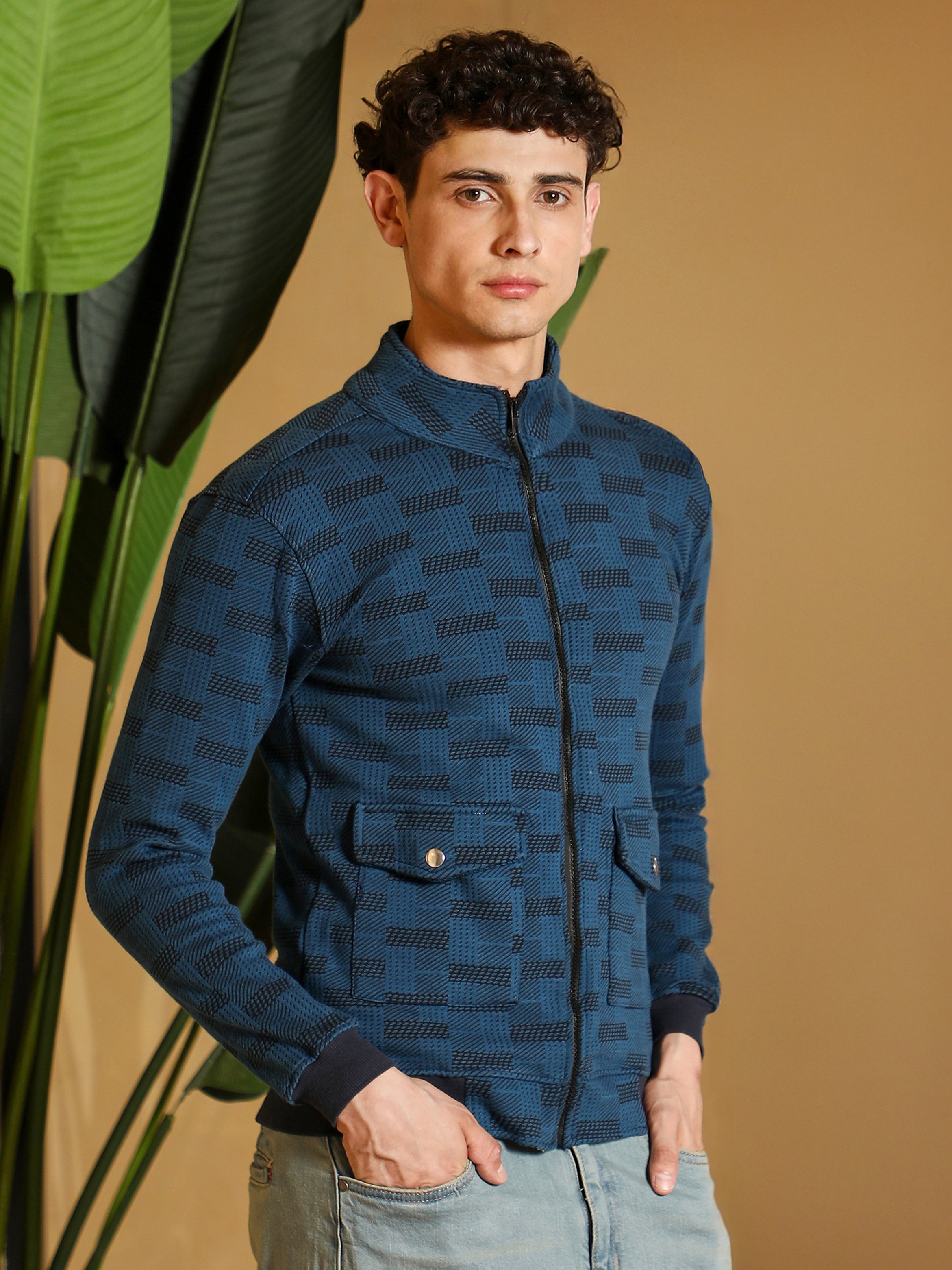 Men Blue Zip-Front Geometric-Jacquard Jacket