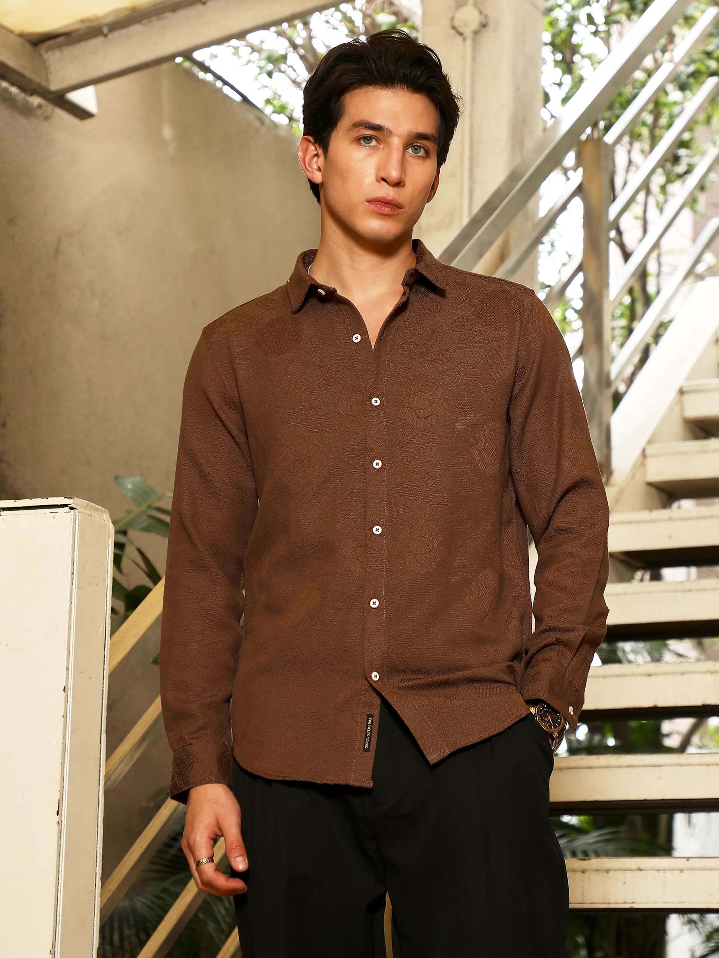 Men Chocolate Brown Rosa-Jacquard Shirt