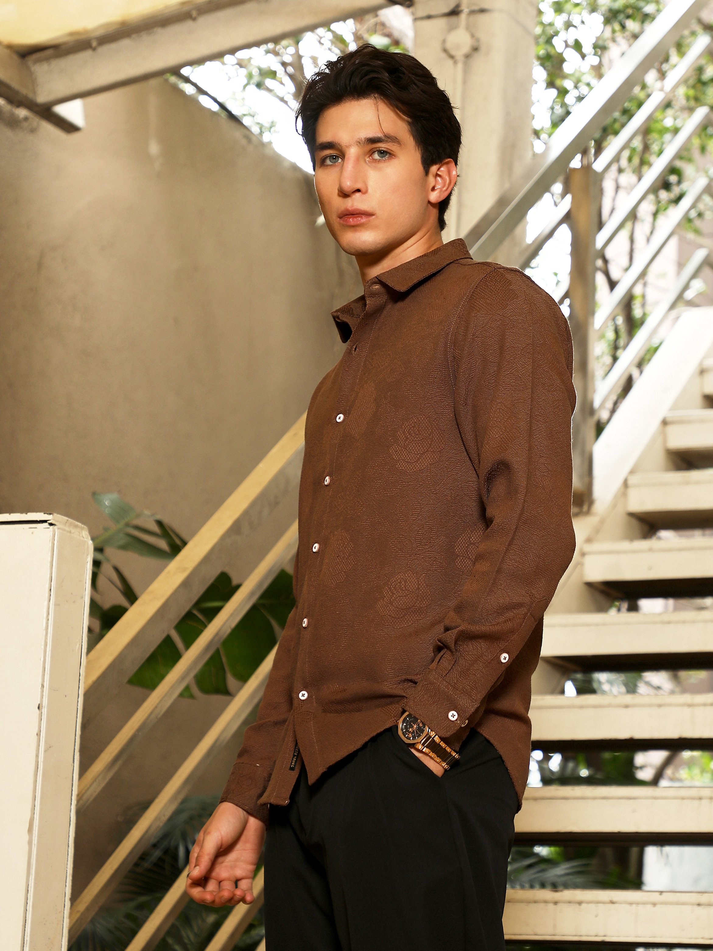 Men Chocolate Brown Rosa-Jacquard Shirt