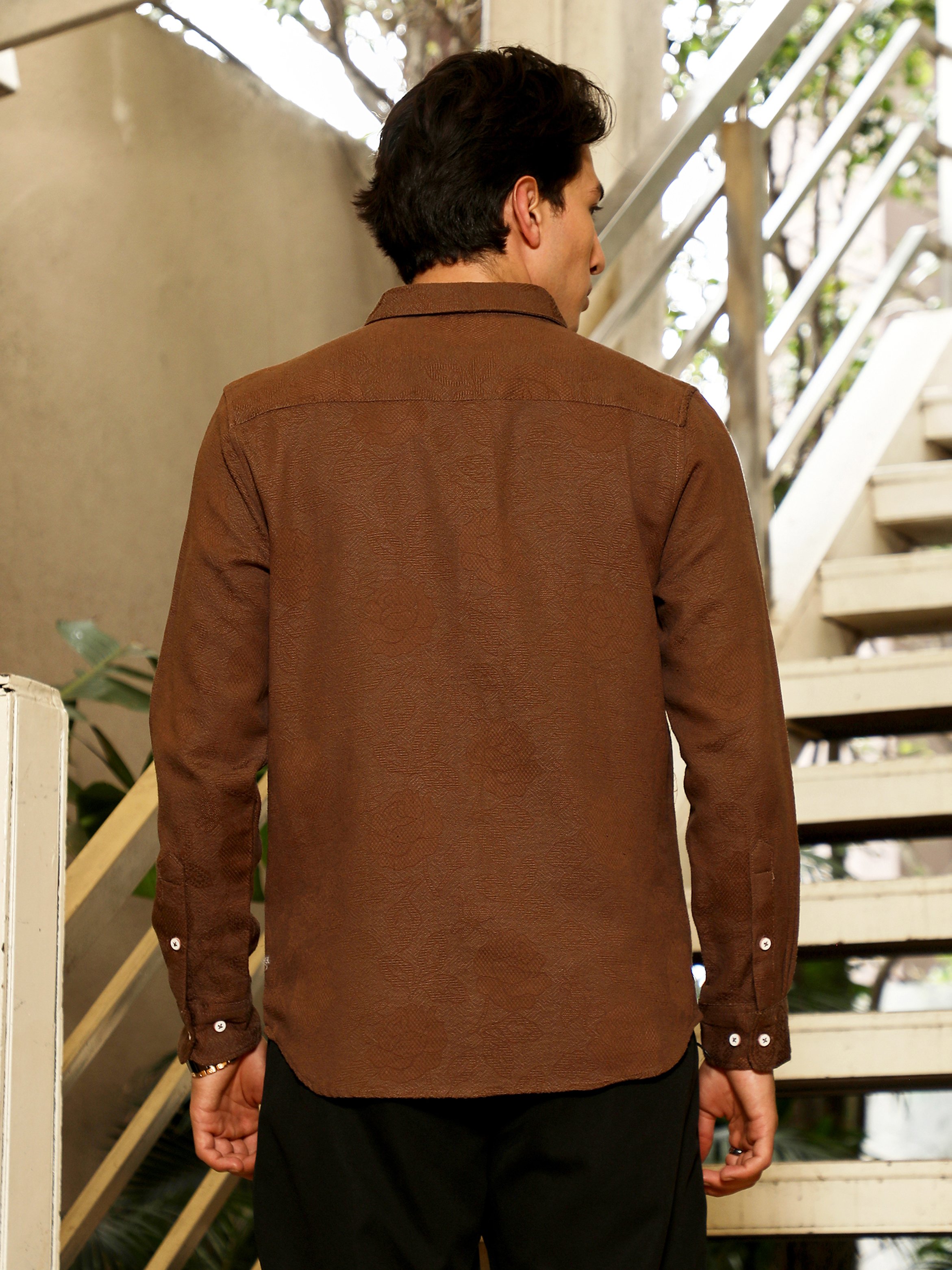 Men Chocolate Brown Rosa-Jacquard Shirt
