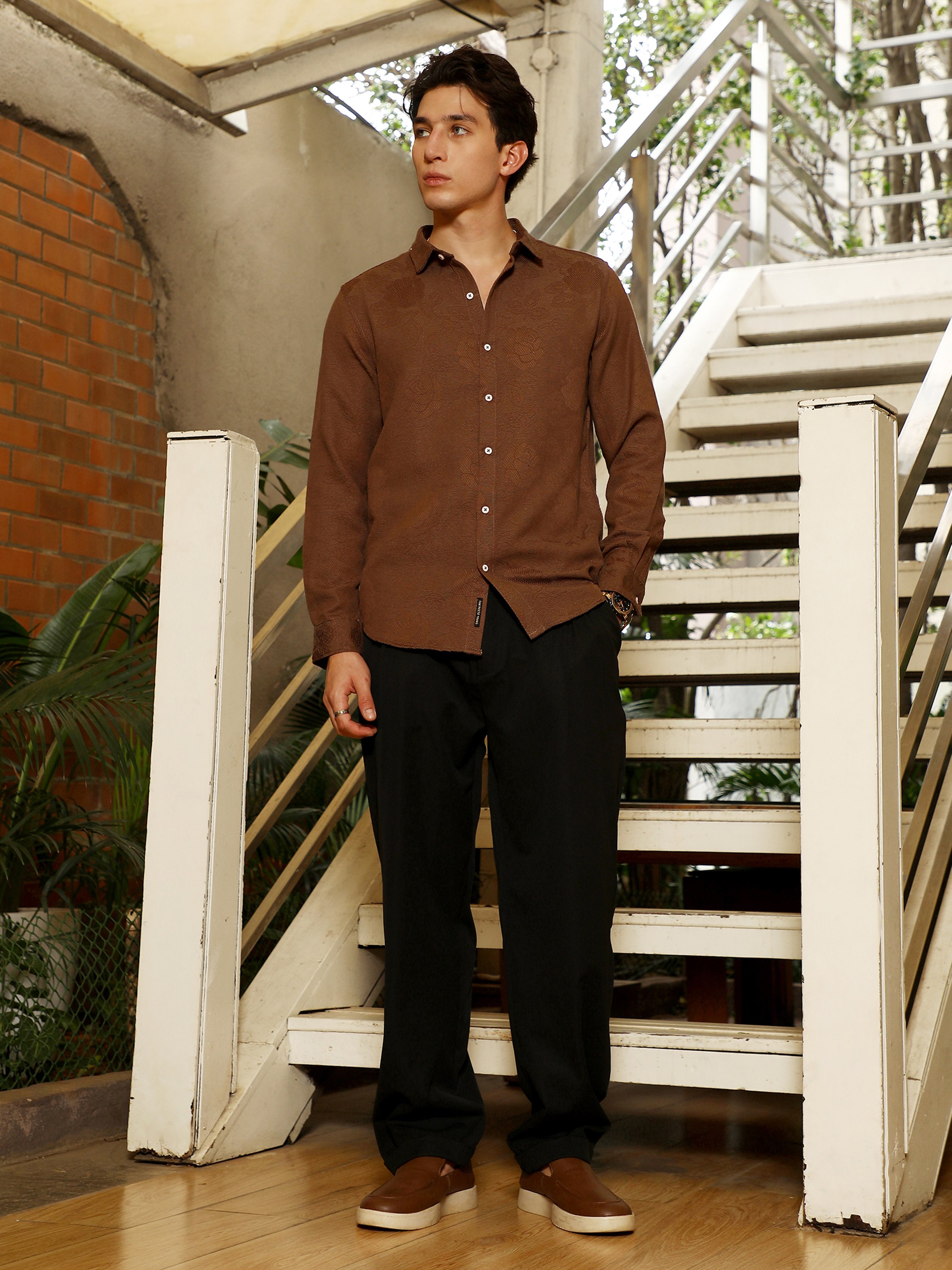 Men Chocolate Brown Rosa-Jacquard Shirt