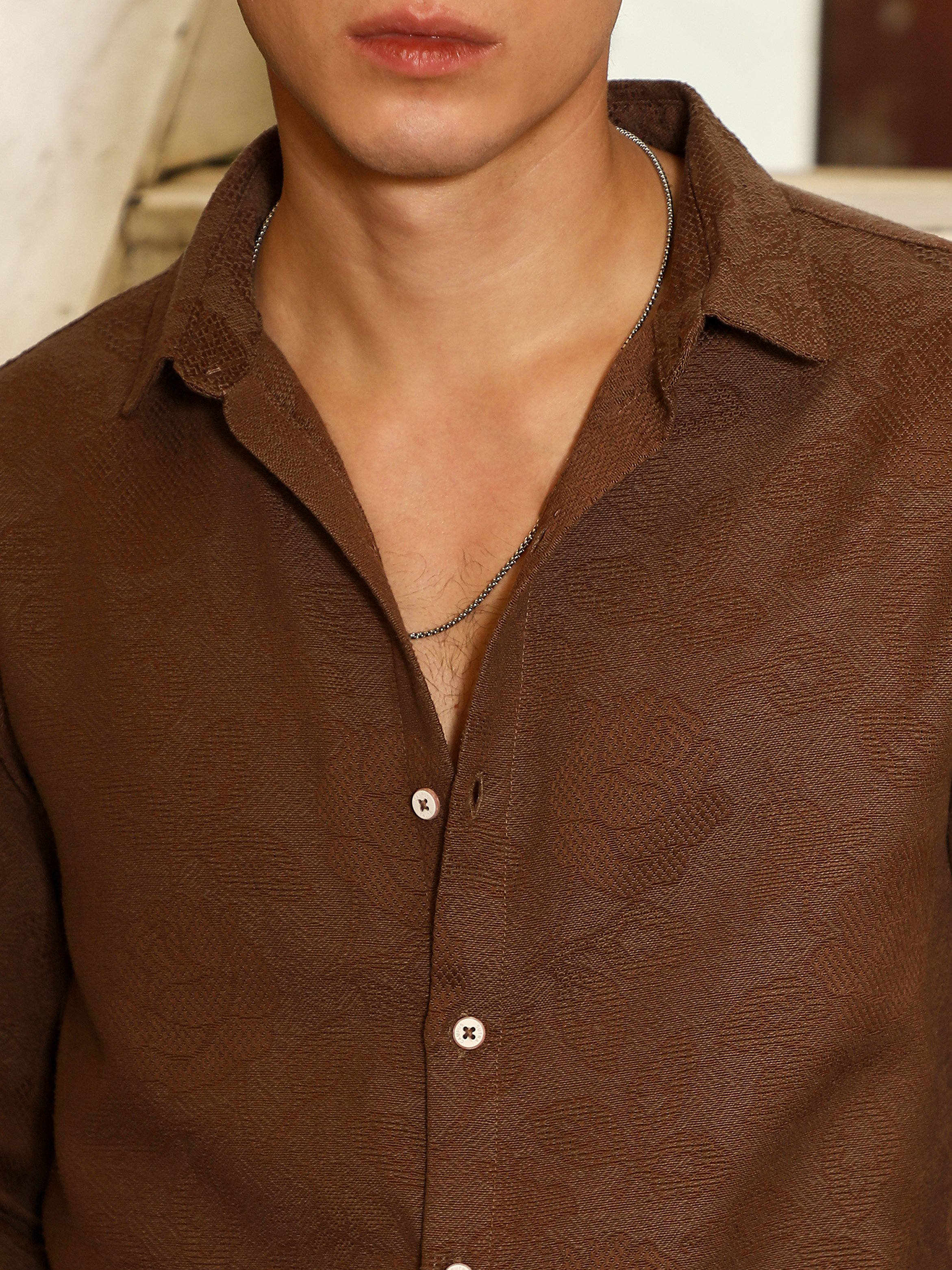 Men Chocolate Brown Rosa-Jacquard Shirt