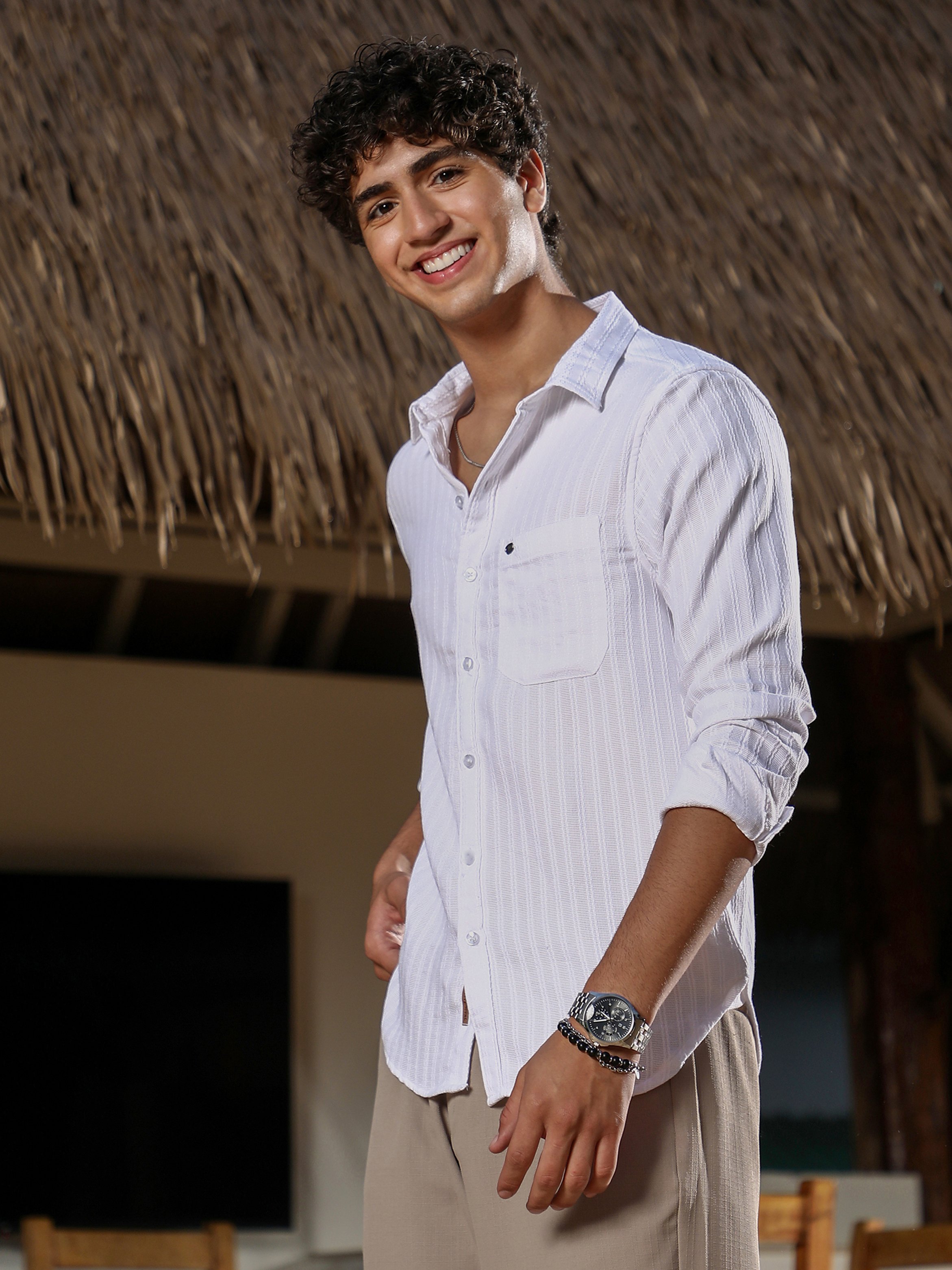 Men White Rope-Stripe Jacquard Shirt