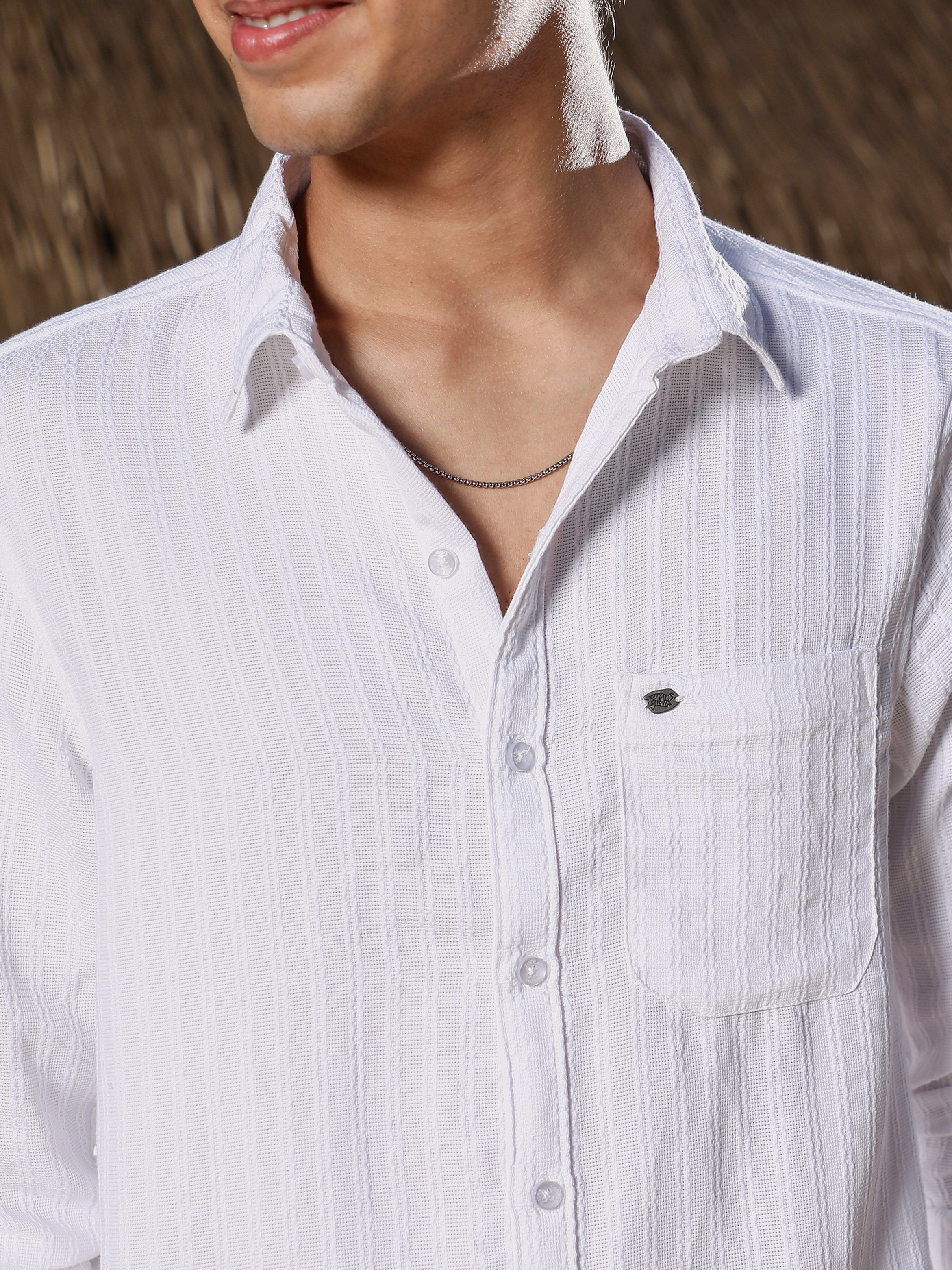 Men White Rope-Stripe Jacquard Shirt
