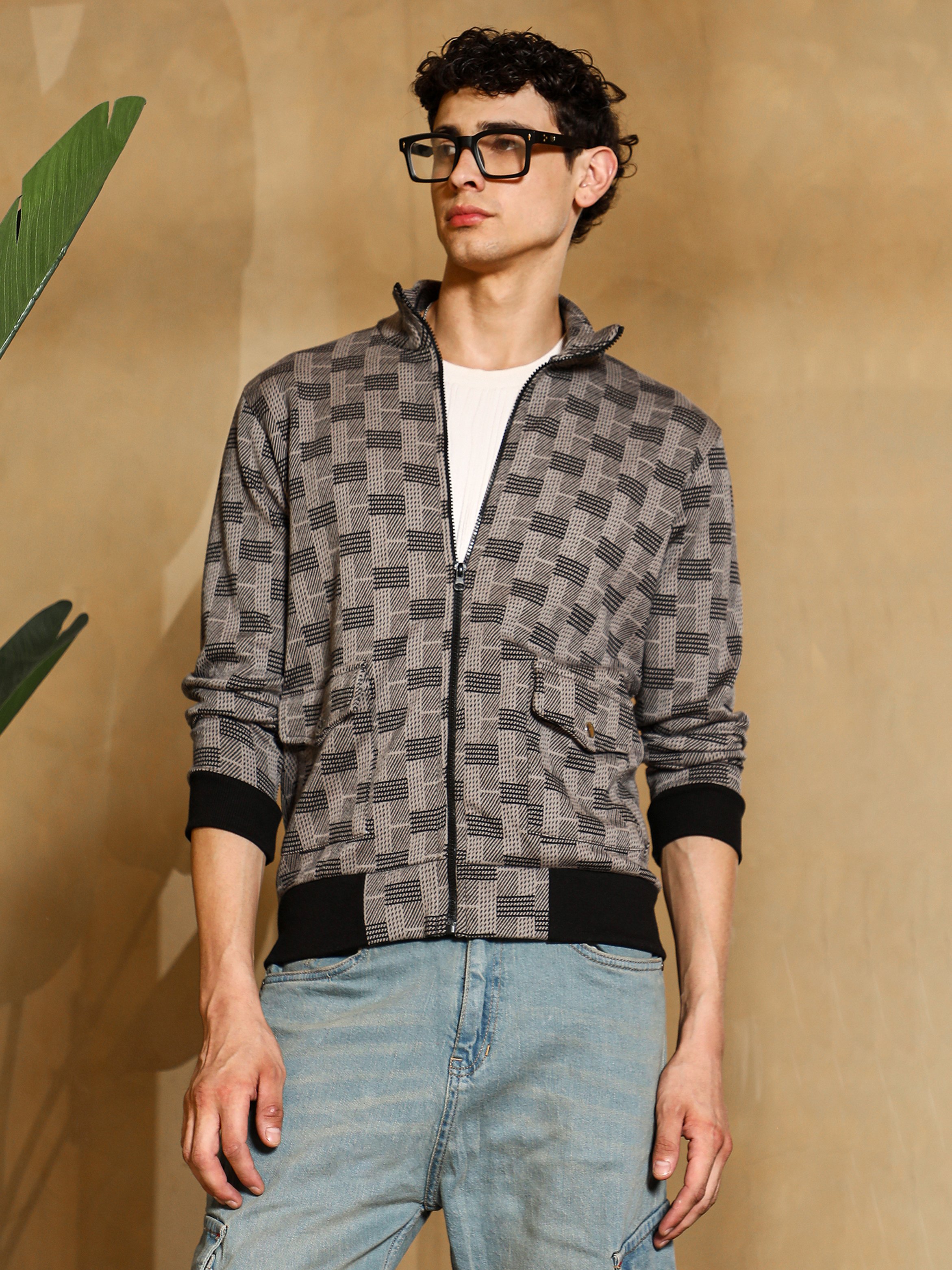 Men Grey Zip-Front Geometric-Jacquard Jacket