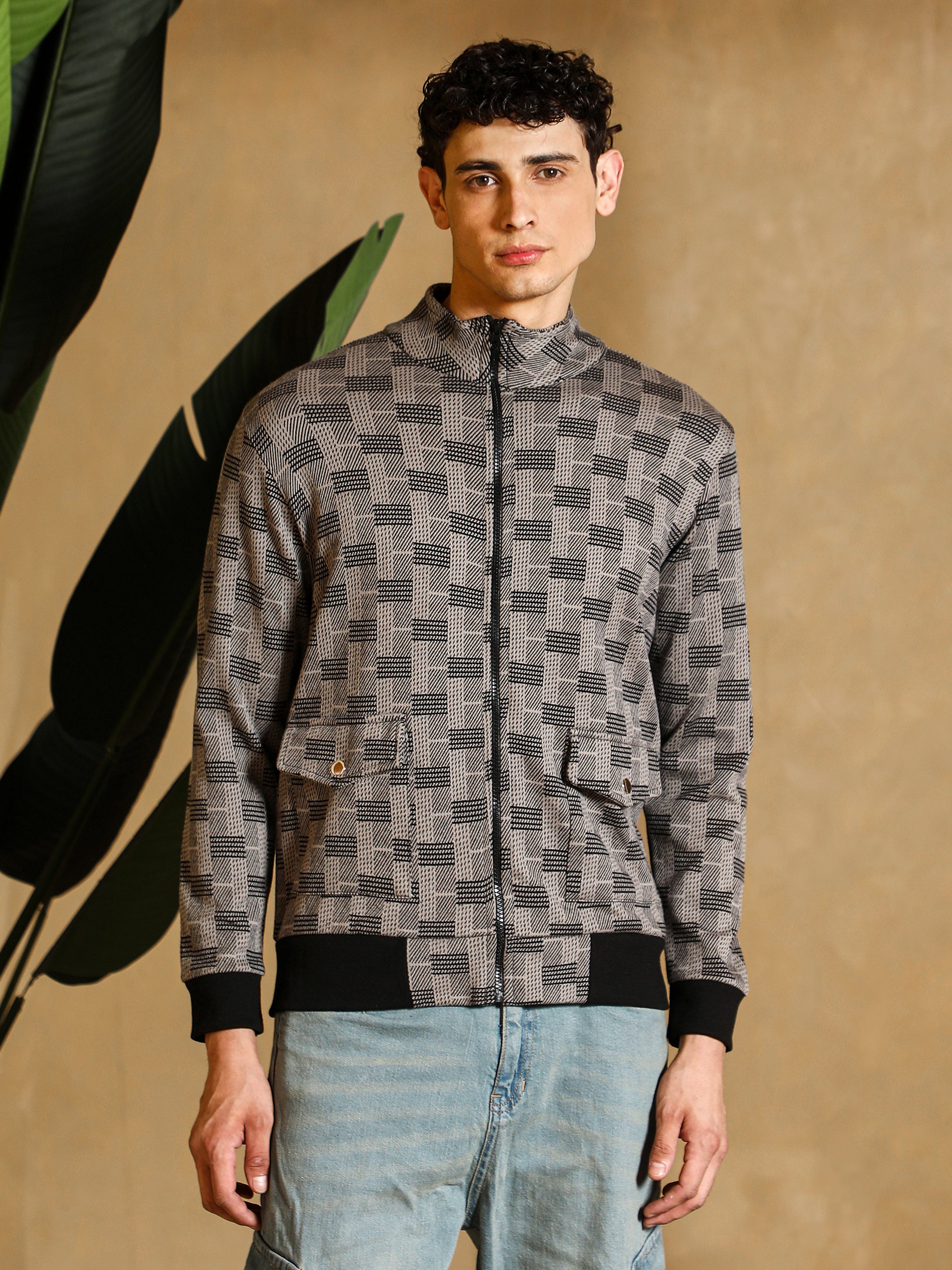 Men Grey Zip-Front Geometric-Jacquard Jacket