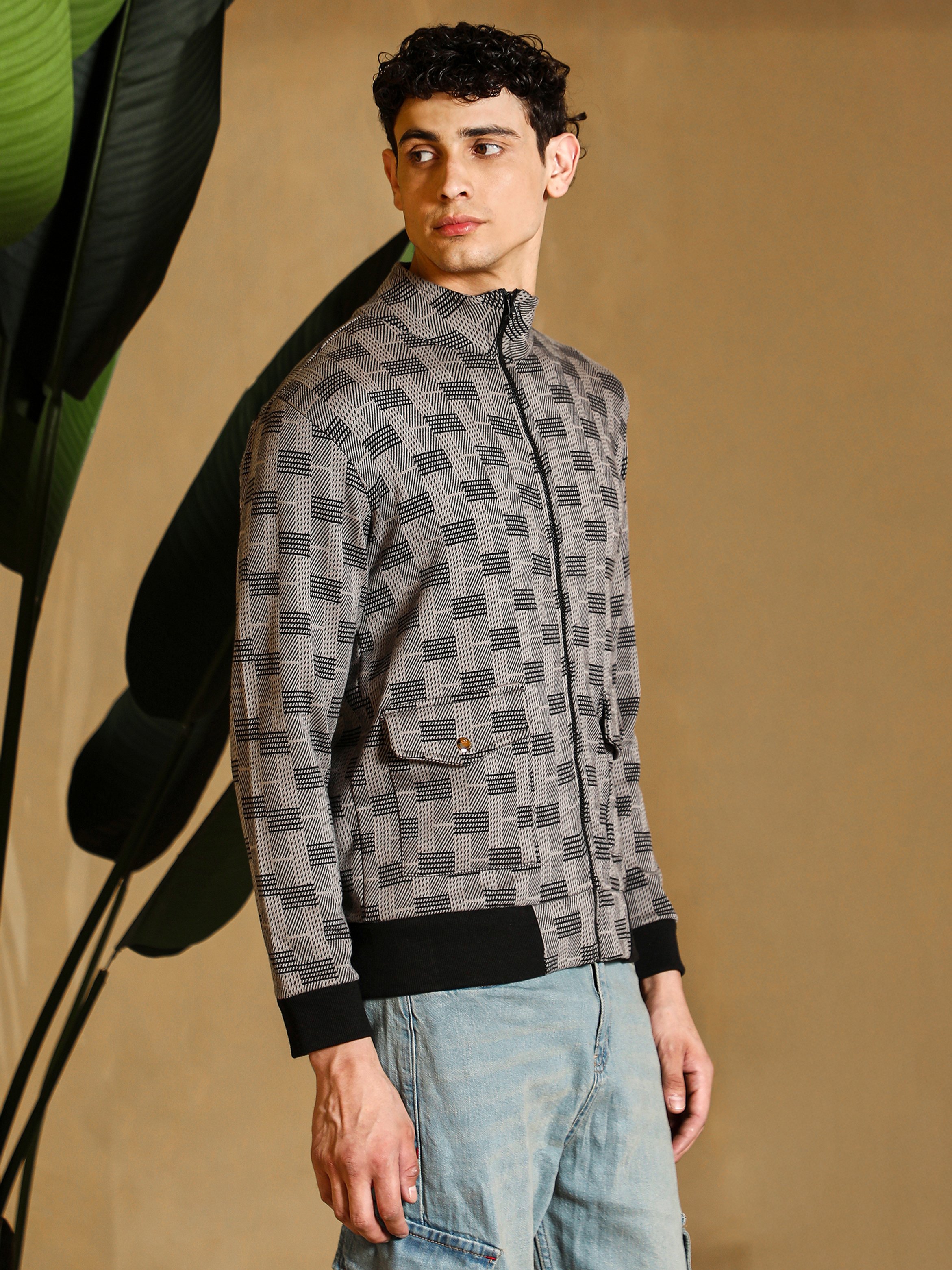 Men Grey Zip-Front Geometric-Jacquard Jacket