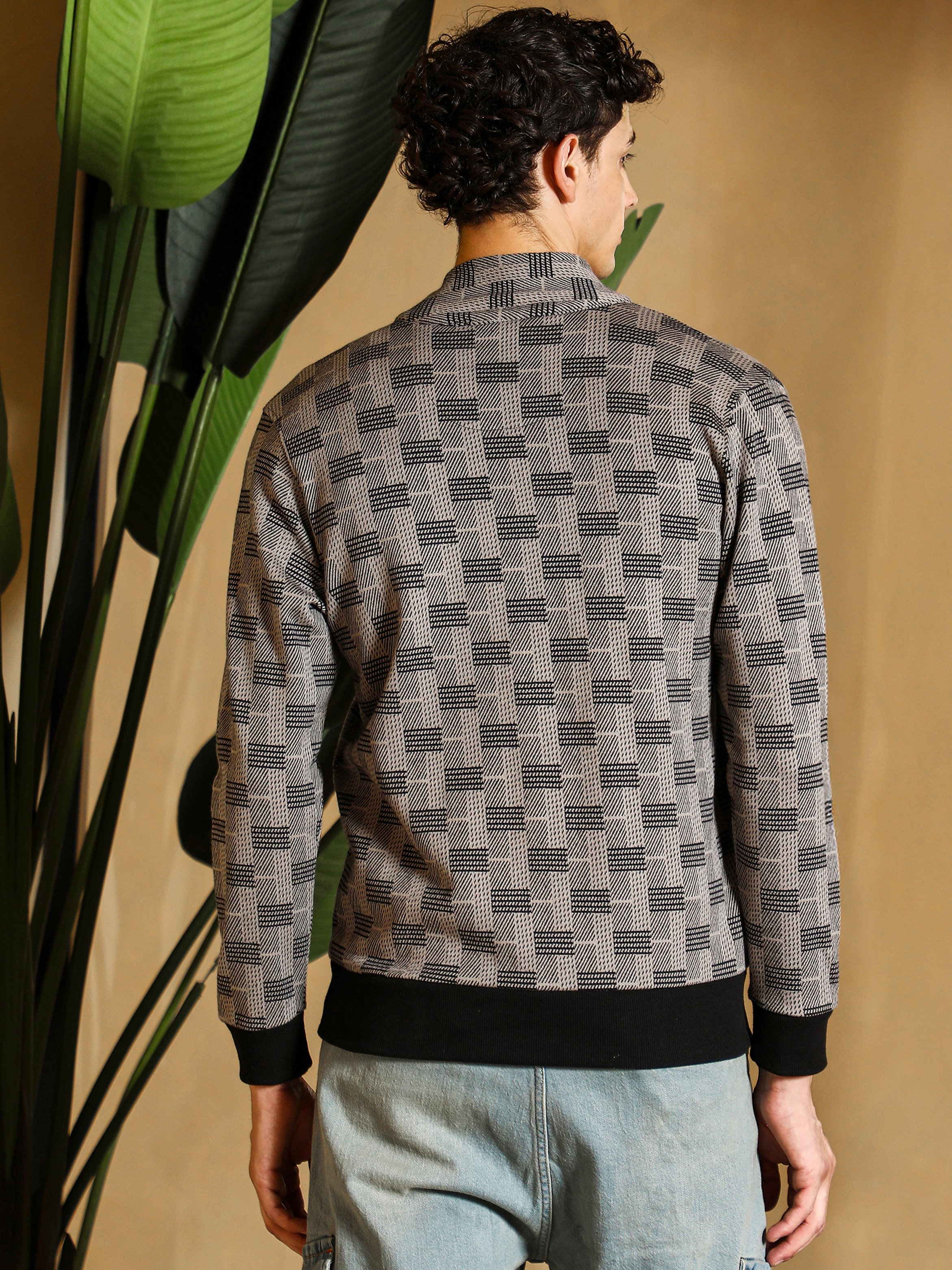 Men Grey Zip-Front Geometric-Jacquard Jacket