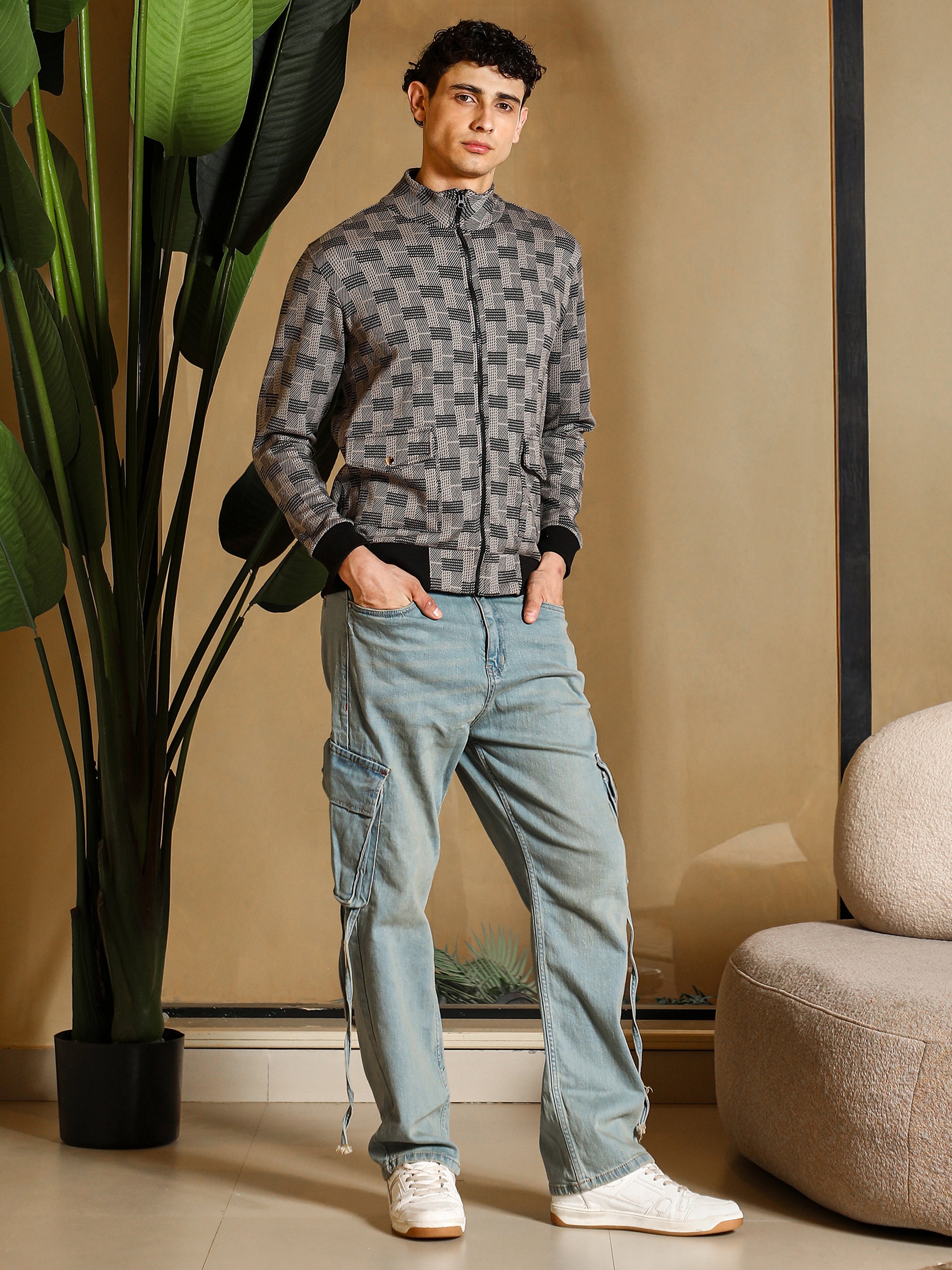 Men Grey Zip-Front Geometric-Jacquard Jacket