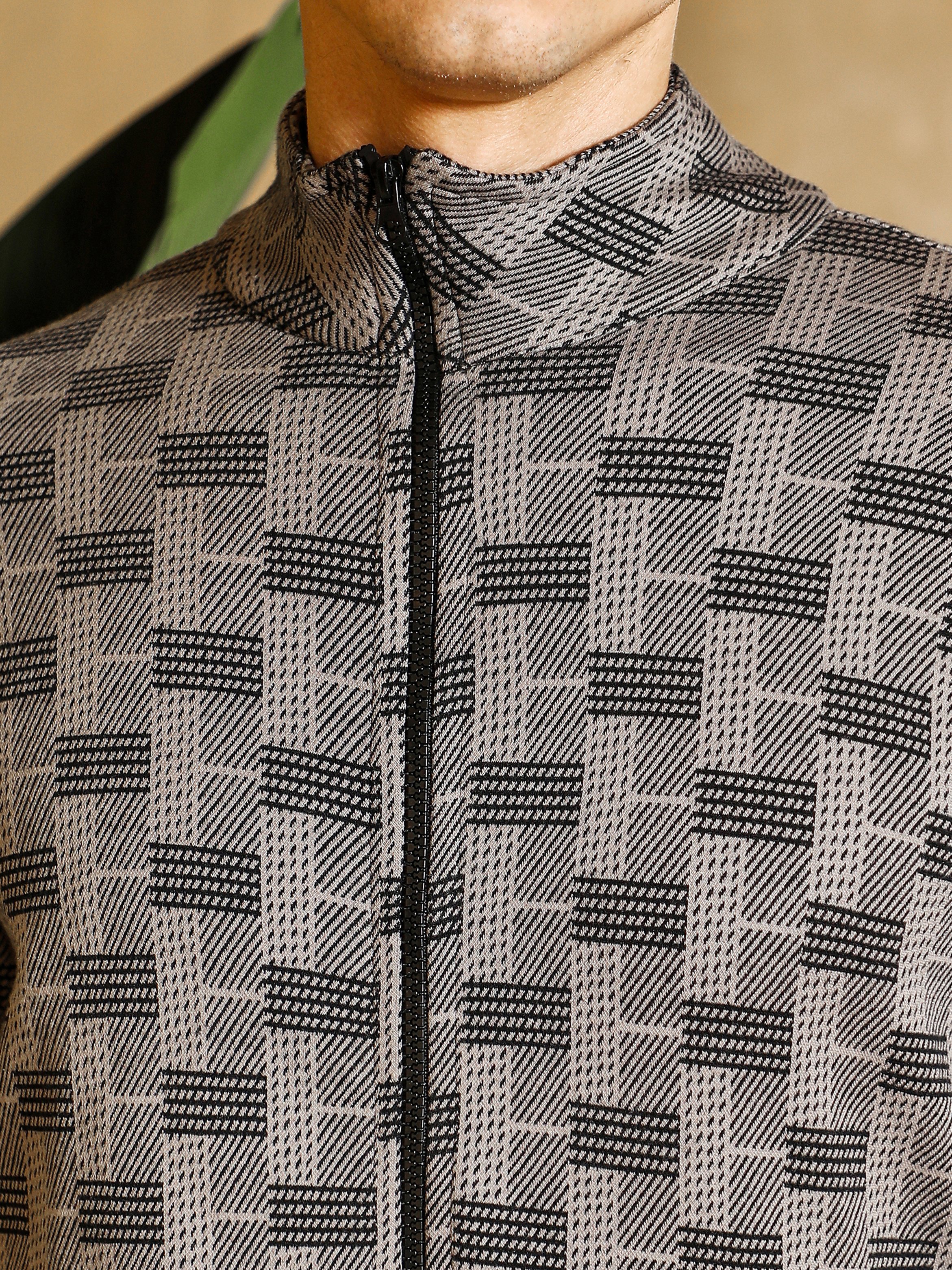 Men Grey Zip-Front Geometric-Jacquard Jacket