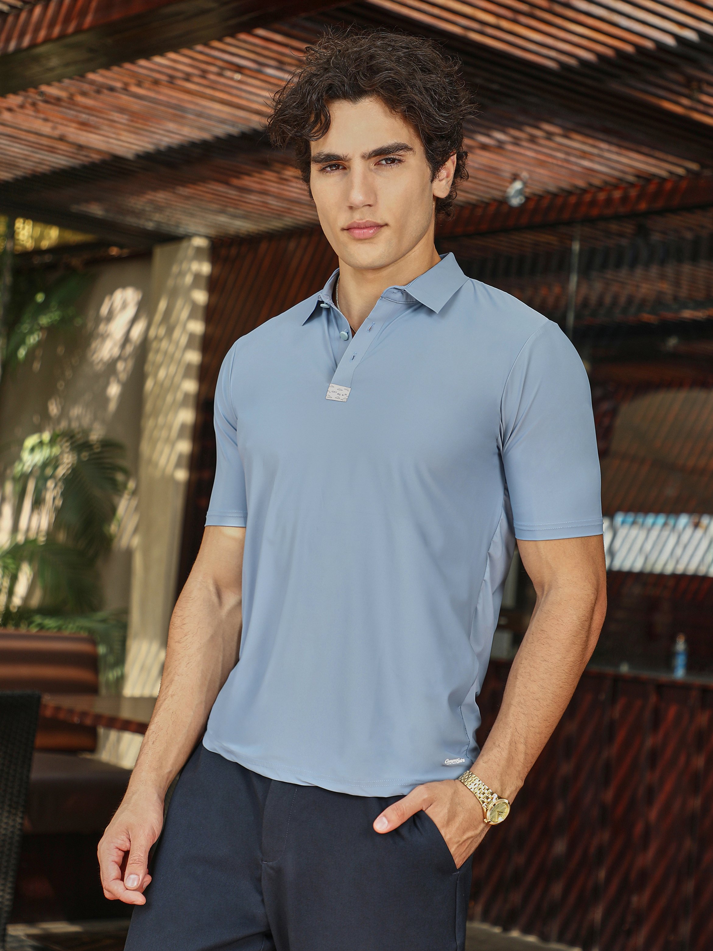 Men Blue Seamless Solid Polo T-Shirt