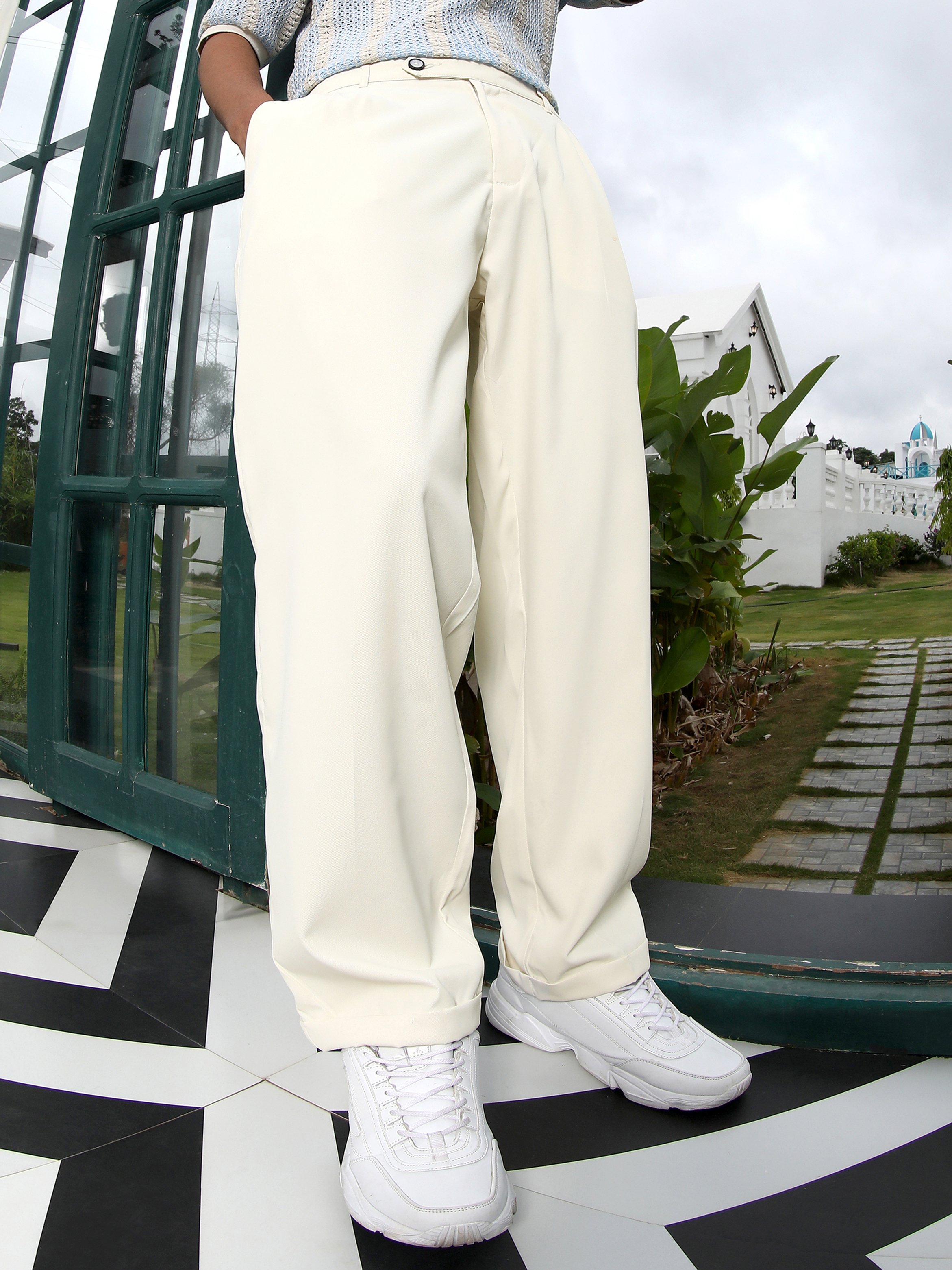 Men Cloud White Extended-Waistband Pleat Trousers