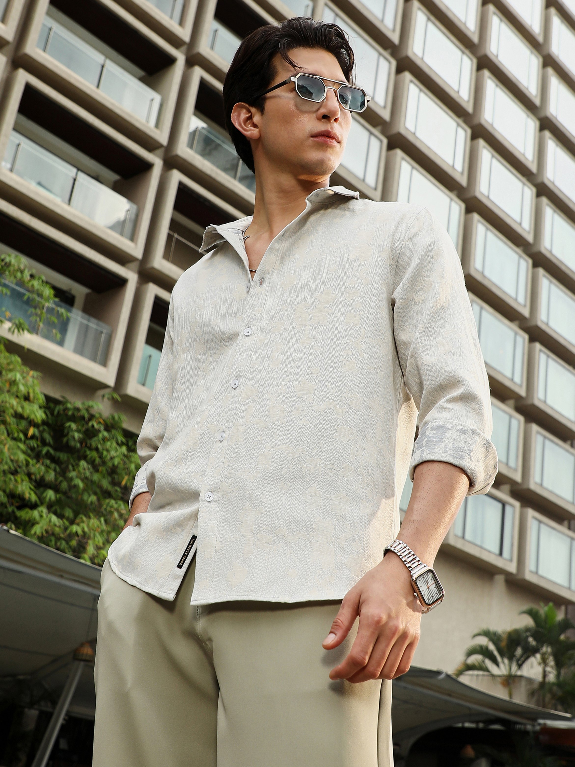 Men Off-White Textured-Jacquard Shirt