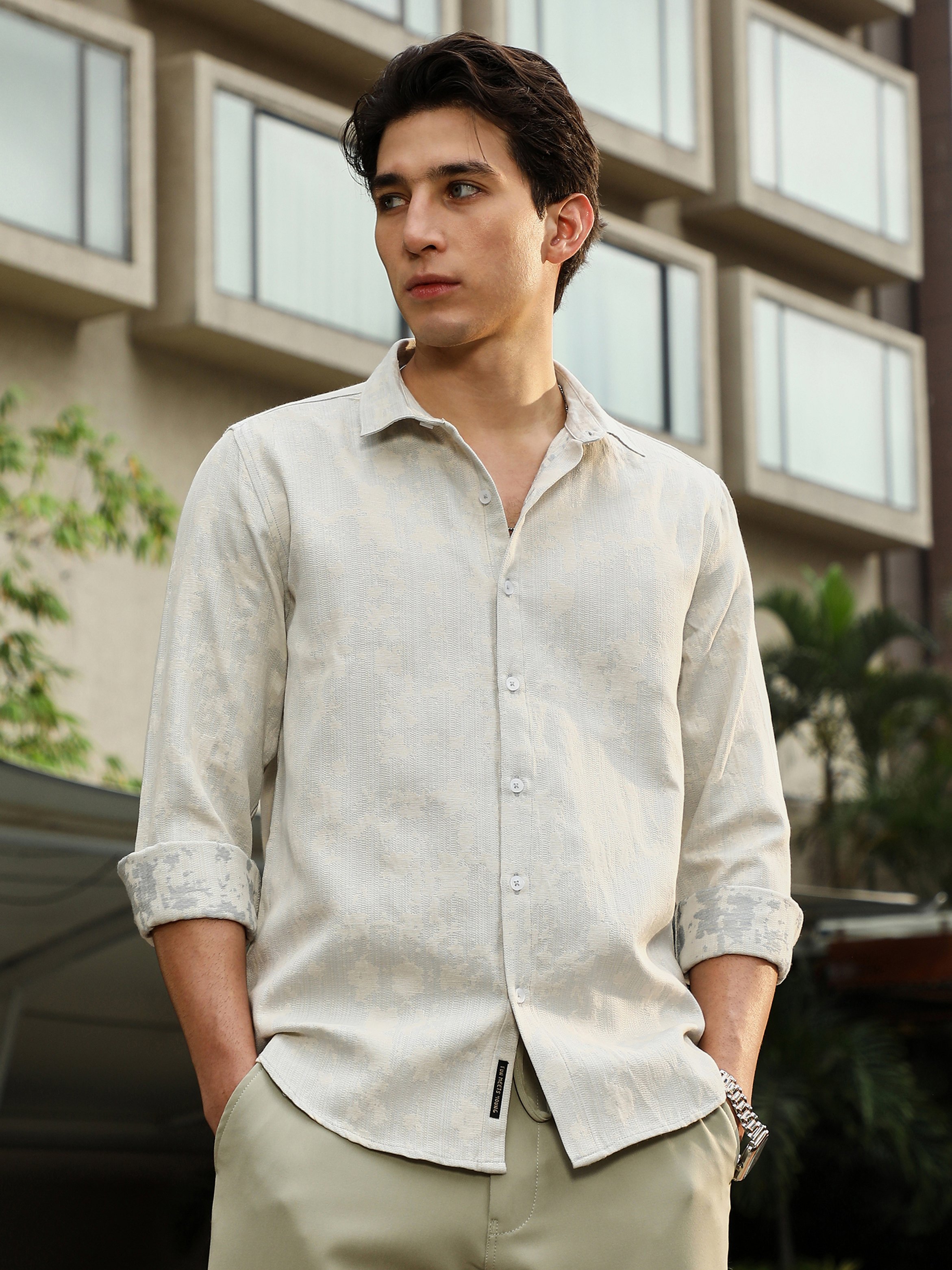 Men Off-White Textured-Jacquard Shirt