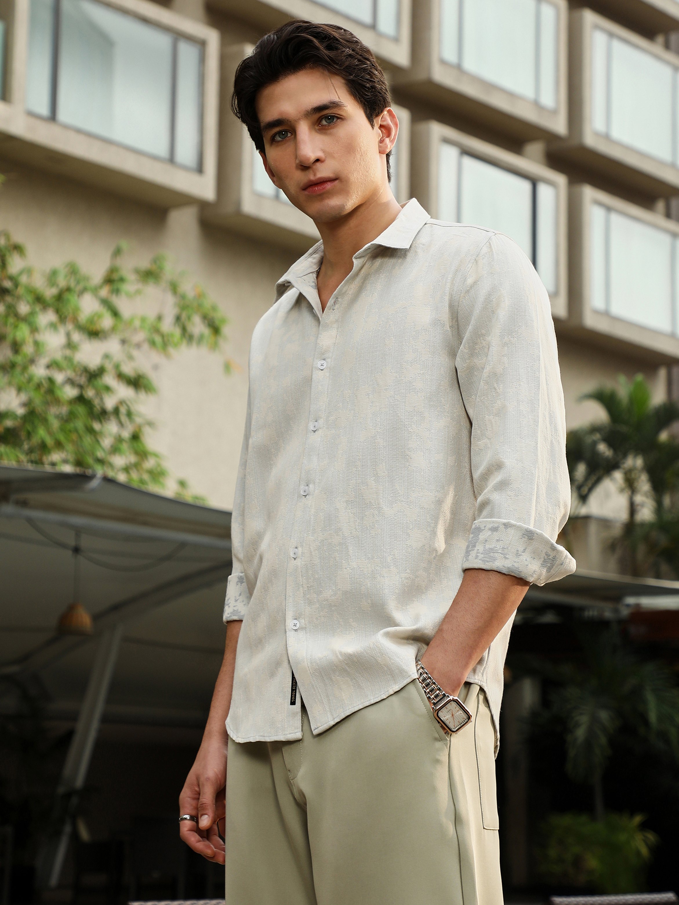 Men Off-White Textured-Jacquard Shirt