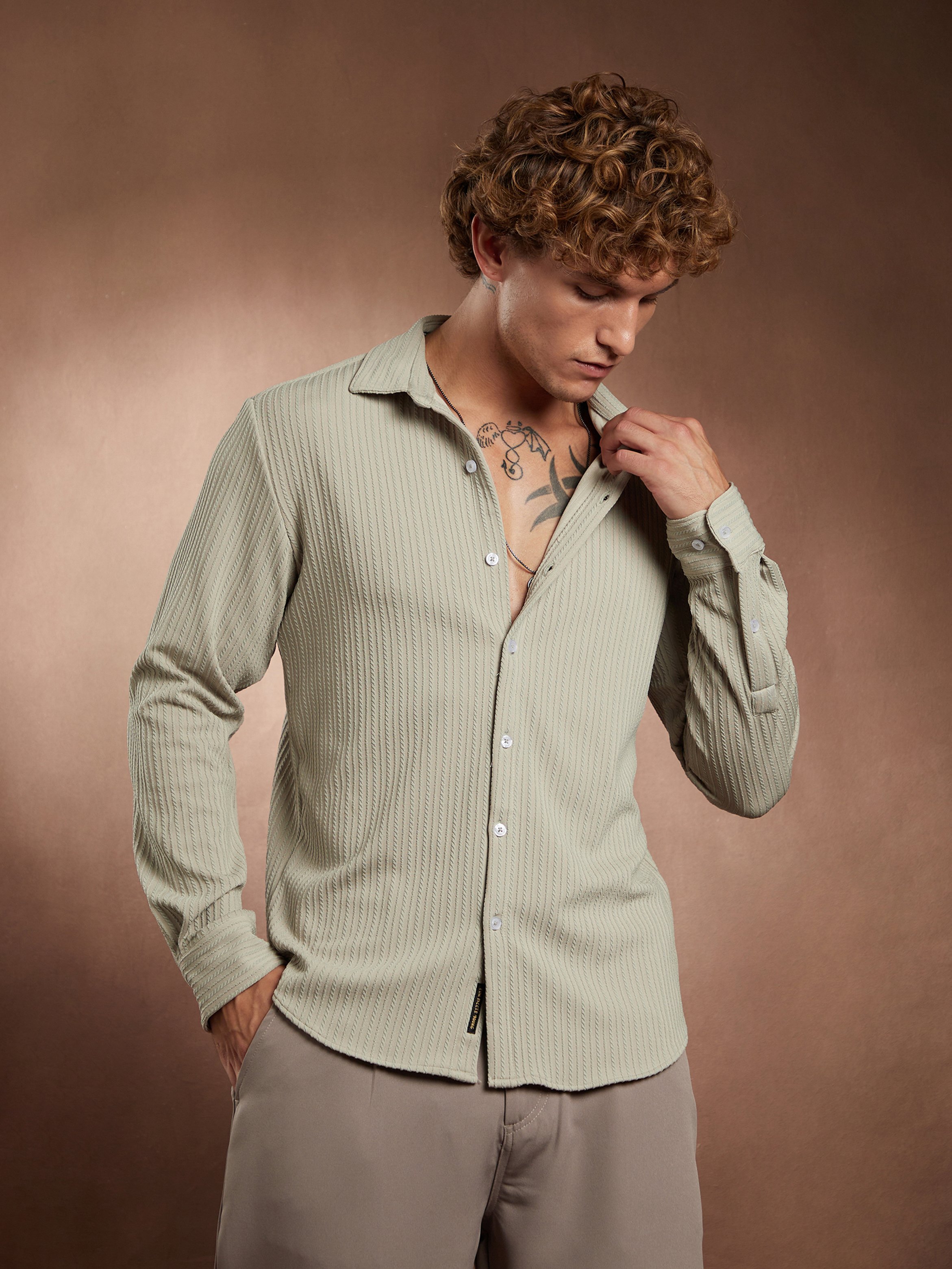 Men Beige Textured-Striped Shirt